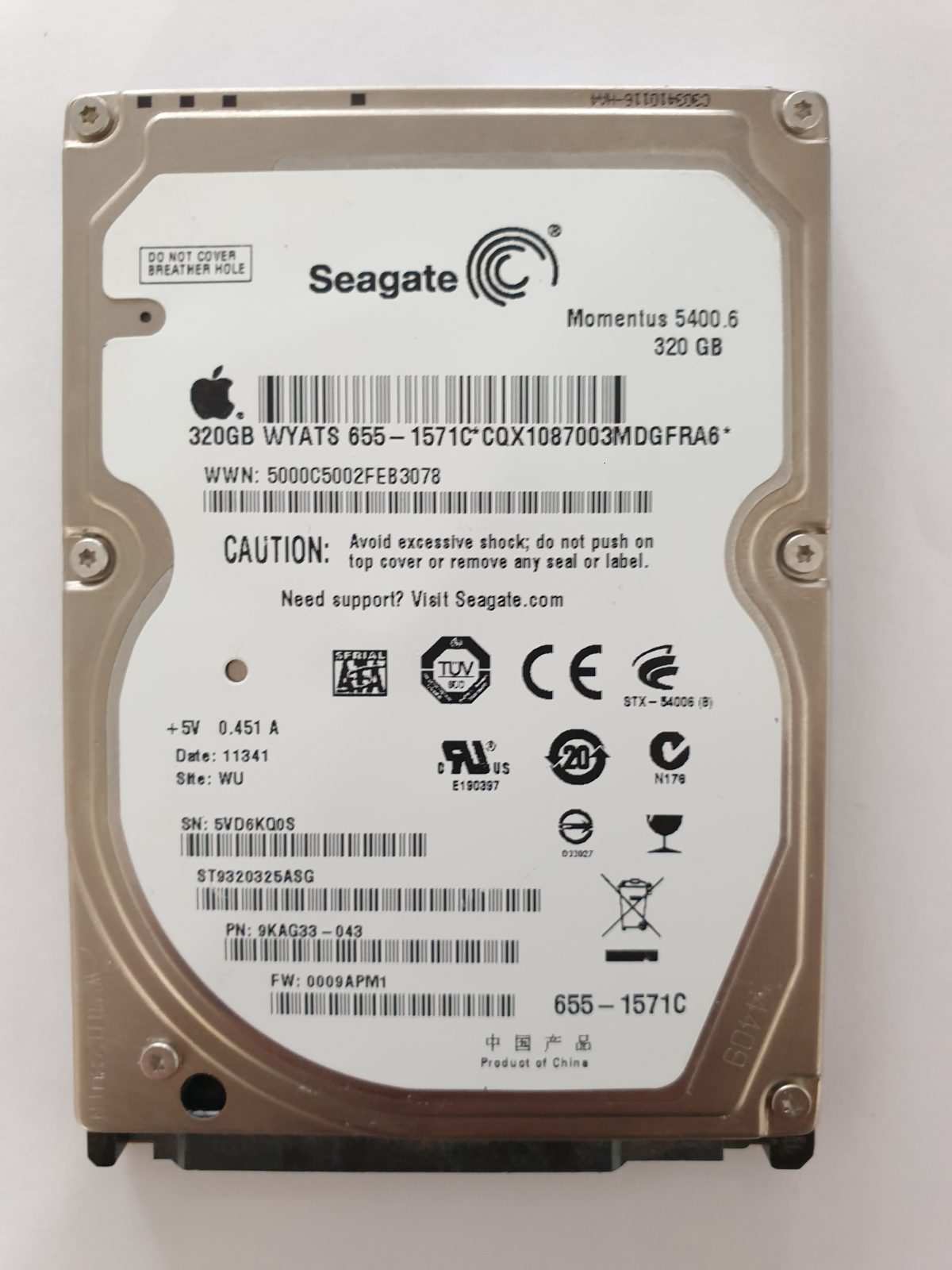 ST9320325ASG, PN:9KAG33-043, SN:5VD, WU, FW:0009APM1, 11341 | Seagate 320Go 2,5" SATA HDD STK