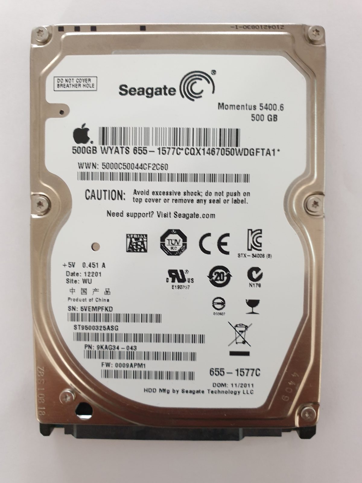 ST9500325ASG, PN:9KAG34-043, SN:5VE, WU, FW:0009APM1, 12201 | Seagate 500Go 2,5" SATA HDD STK