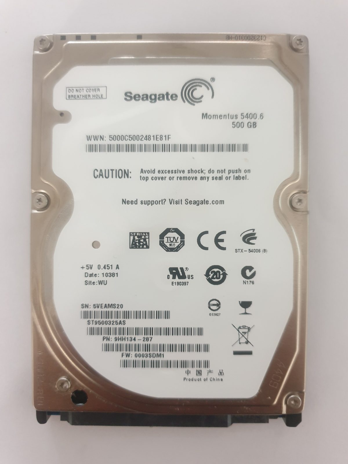 ST9500325AS, PN:9HH134-287, SN:5VE, WU, FW:0003SDM1, 10381 | Seagate 500Go 2,5" SATA HDD STK