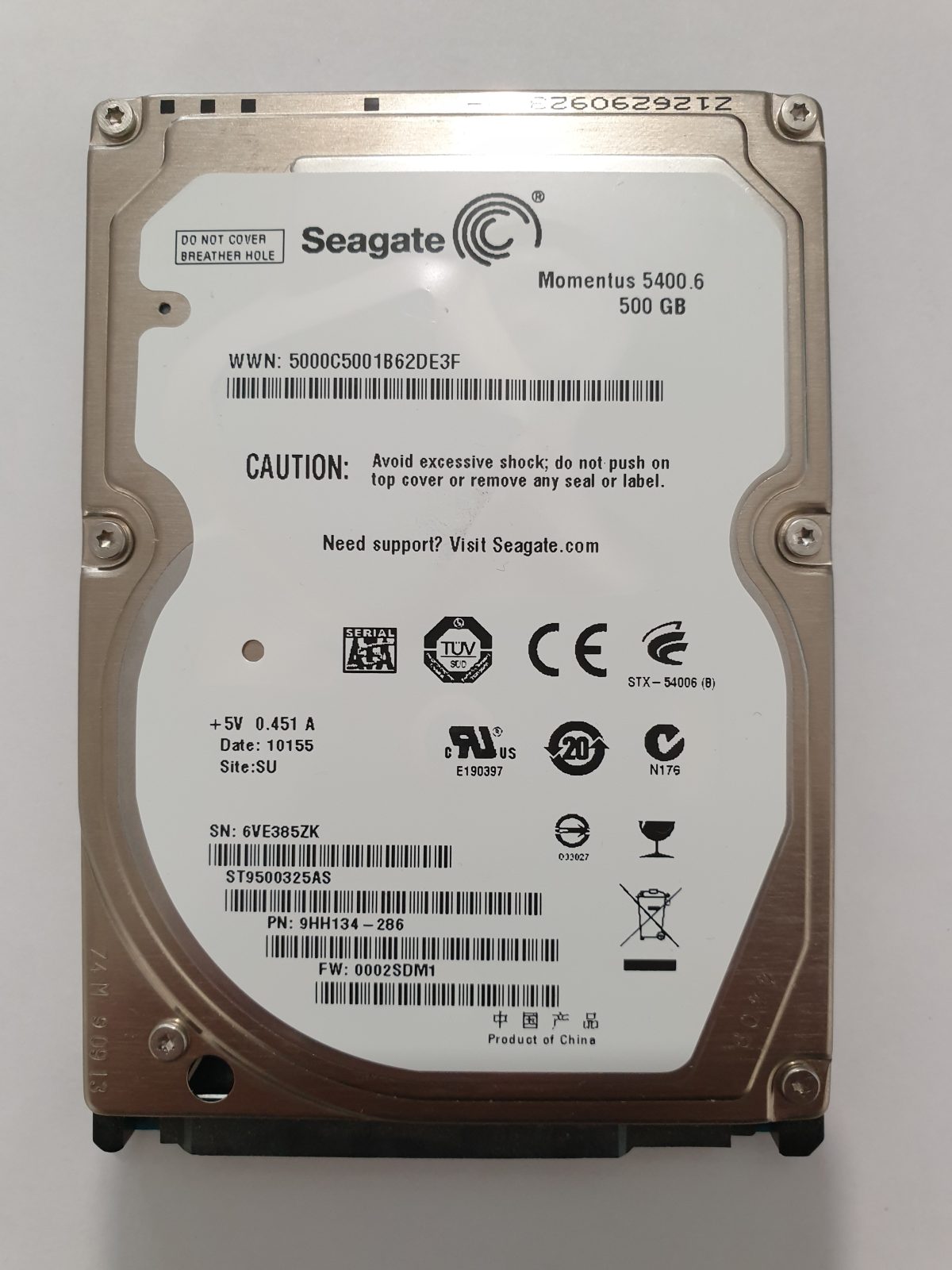 ST9500325AS, PN:9HH134-286, SN:6VE, SU, FW:0002SDM1, 10155 | Seagate 500Go 2,5" SATA HDD STK