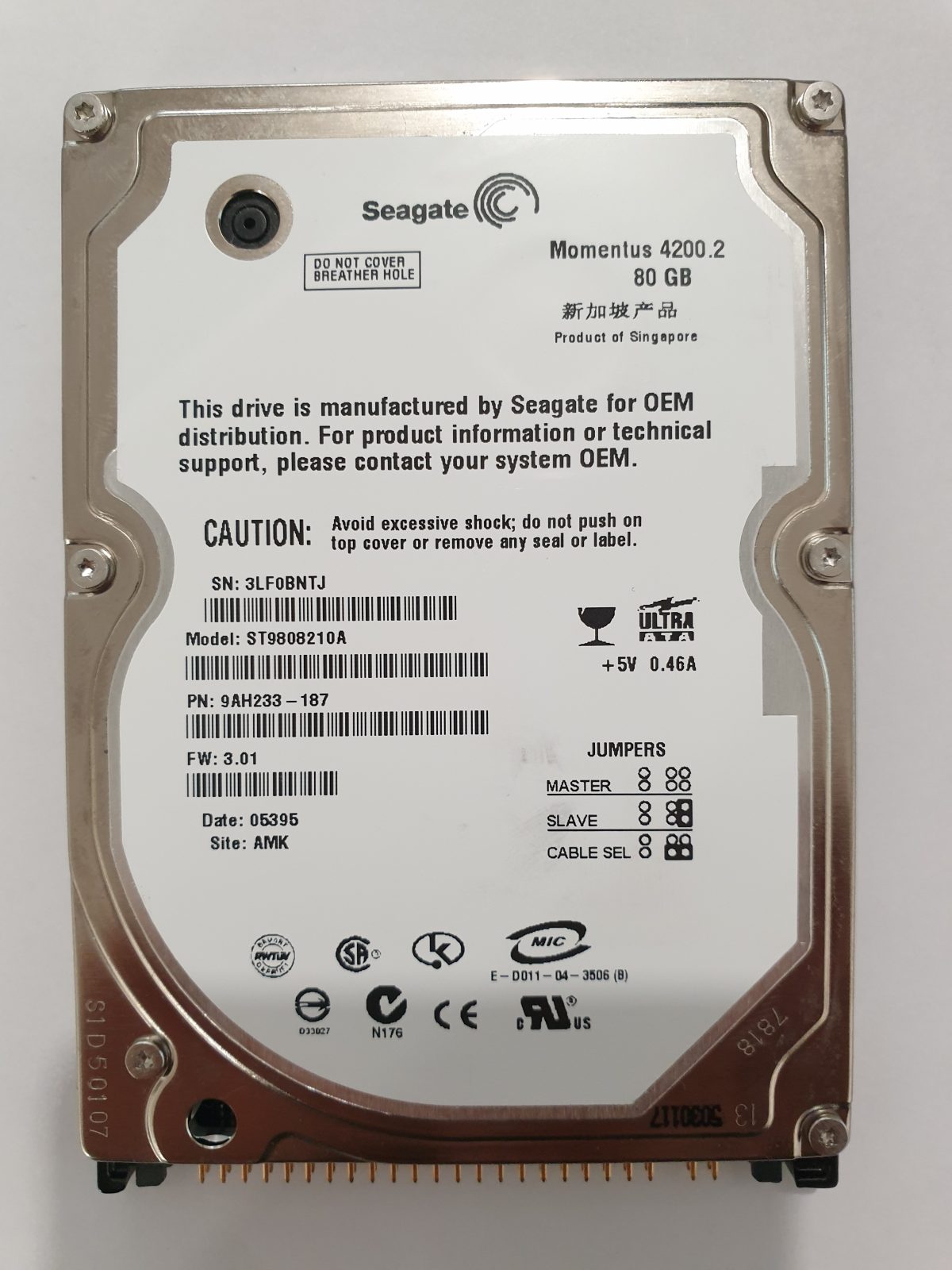 ST9808210A, PN:9AH233-187, SN:3LF, AMK, FW:3.01, 5395 | Seagate 80Go 2,5" PATA HDD STK