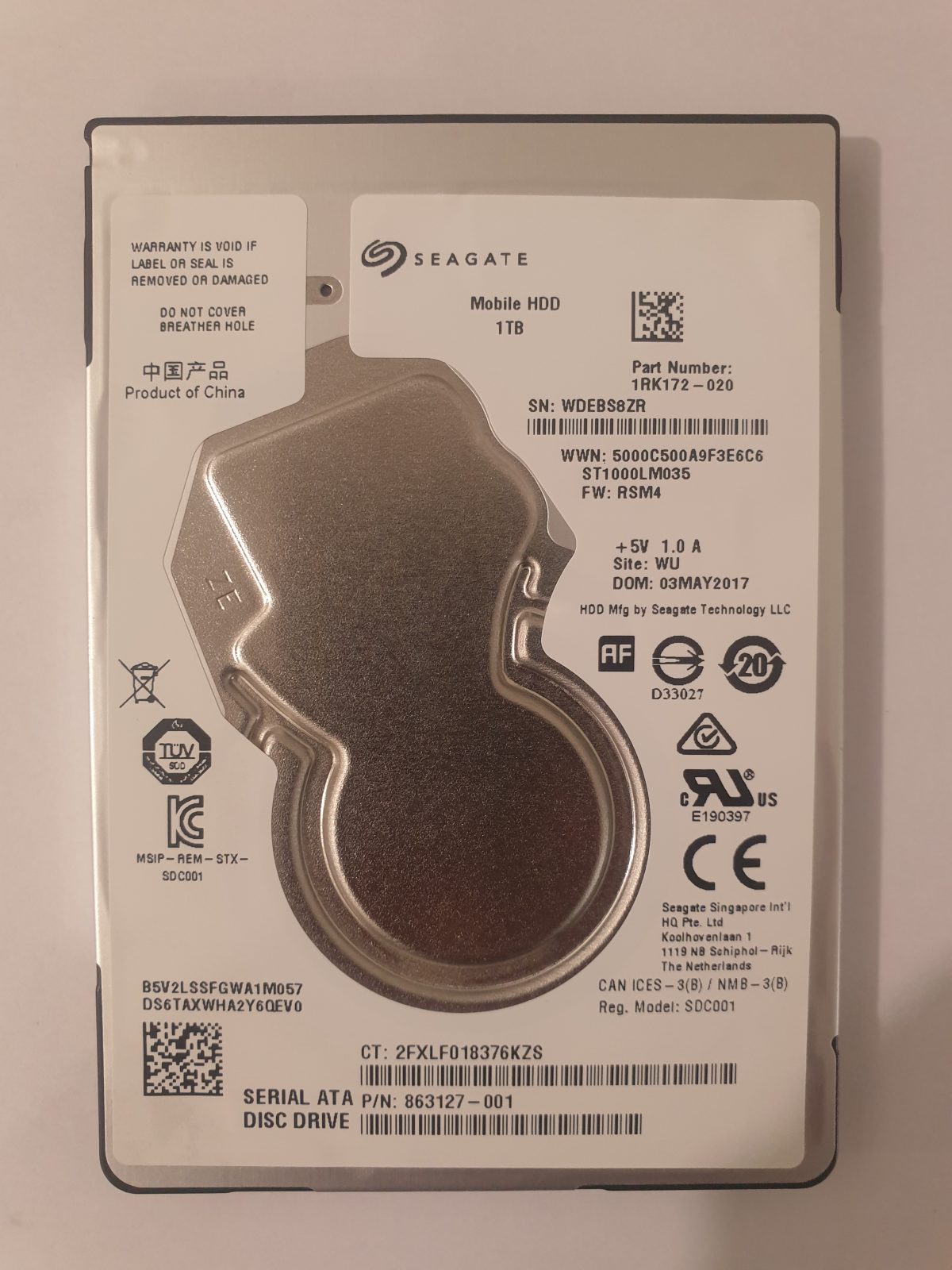 ST1000LM035, PN:1RK172-020, SN:WDE, WU, FW:RSM4, 03 MAY 2017 | Seagate 1To 2,5" SATA HDD STK