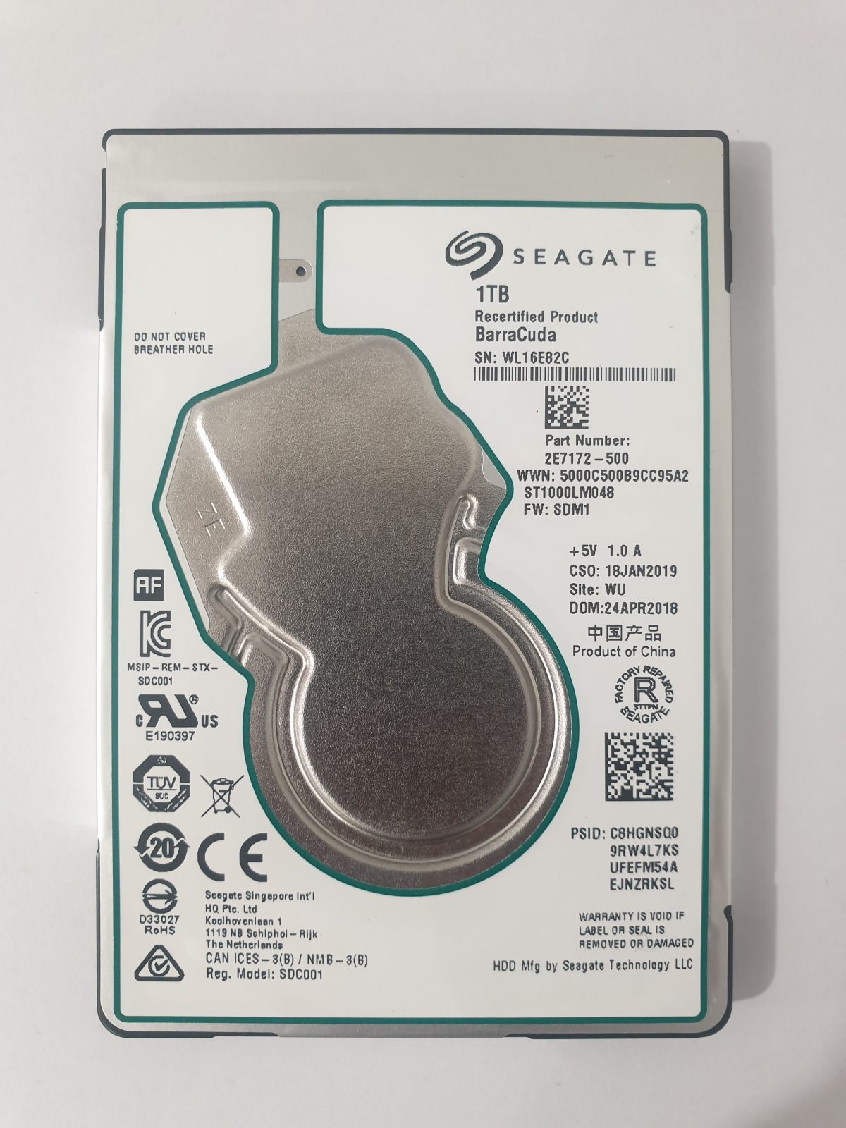 ST1000LM048, PN:2E7172-500, SN:WL1, WU, FW:SDM1, 24 APR 2018 | Seagate 1To 2,5" SATA HDD STK