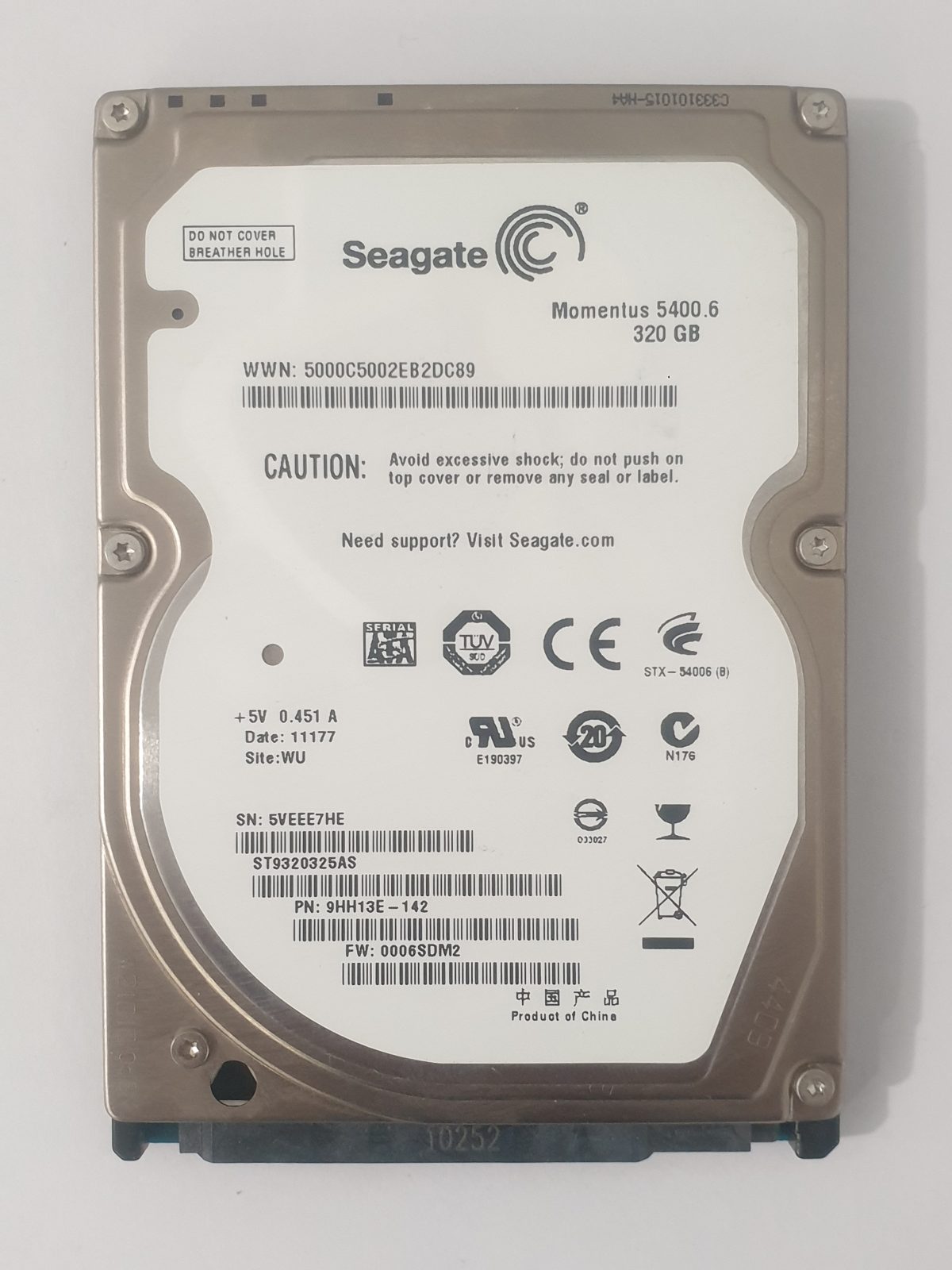 ST9320325AS, PN:9HH13E-142, SN:5VE, WU, FW:0006SDM2, 11177 | Seagate 320Go 2,5" SATA HDD STK