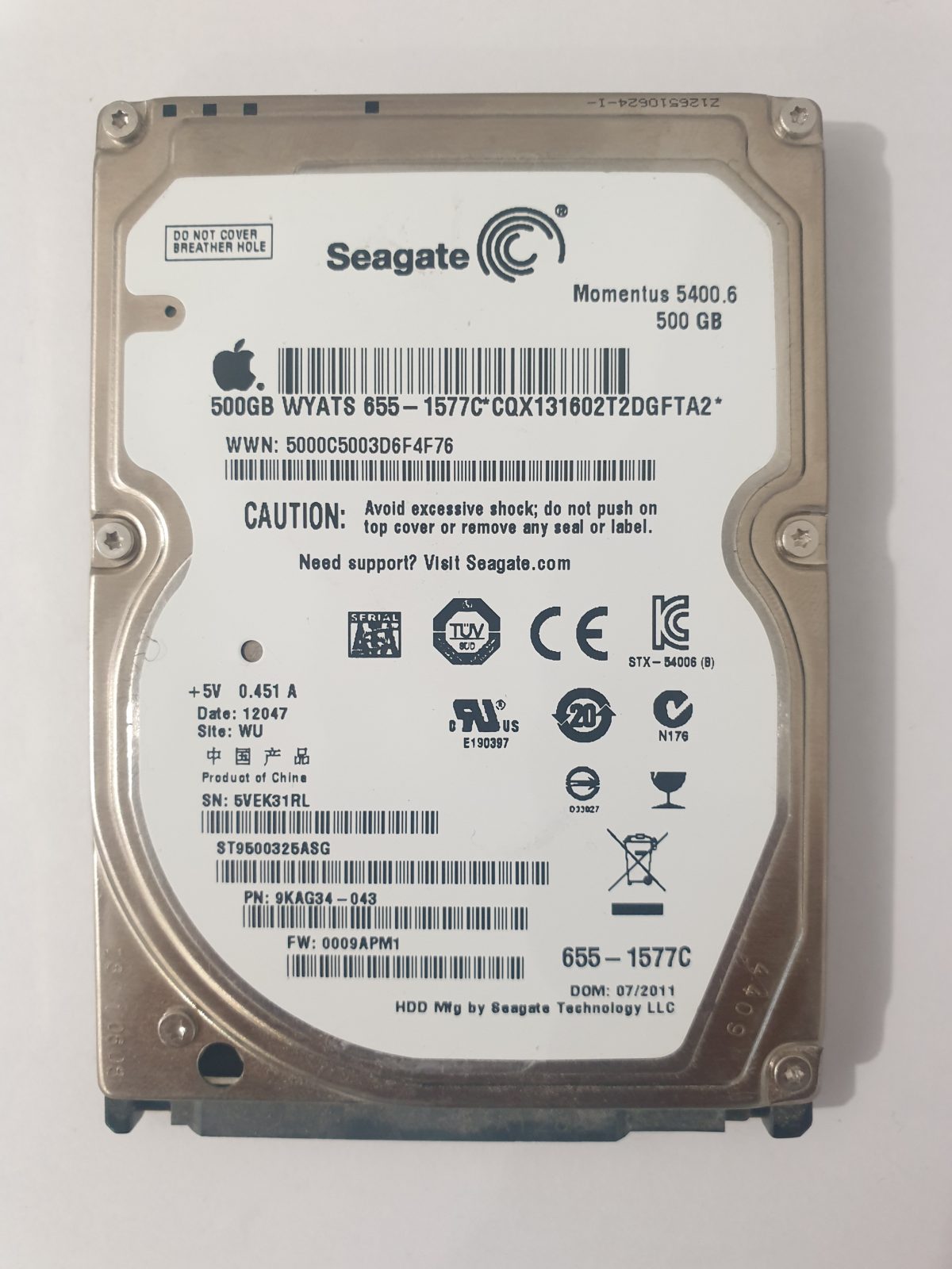 ST9500325ASG, PN:9KAG34-043, SN:5VE, WU, FW:0009APM1, 12047 | Seagate 500Go 2,5" SATA HDD STK