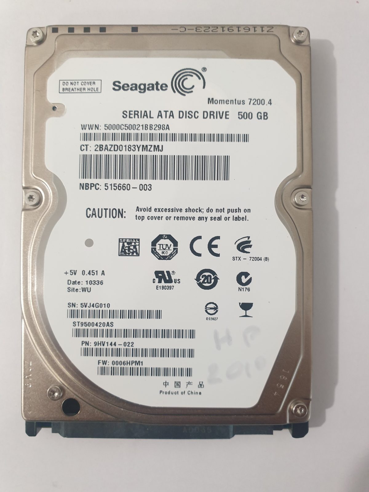 ST9500420AS, PN:9HV144-022, SN:5VJ, WU, FW:0006HPM1, 10336 | Seagate 500Go 2,5" SATA HDD STK