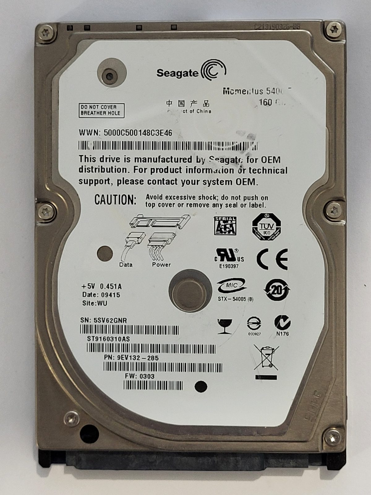 ST9160310AS, PN:9EV132-285, SN:5SV, WU, FW:0303, 09415 | Seagate 160Go 2,5" SATA HDD STK