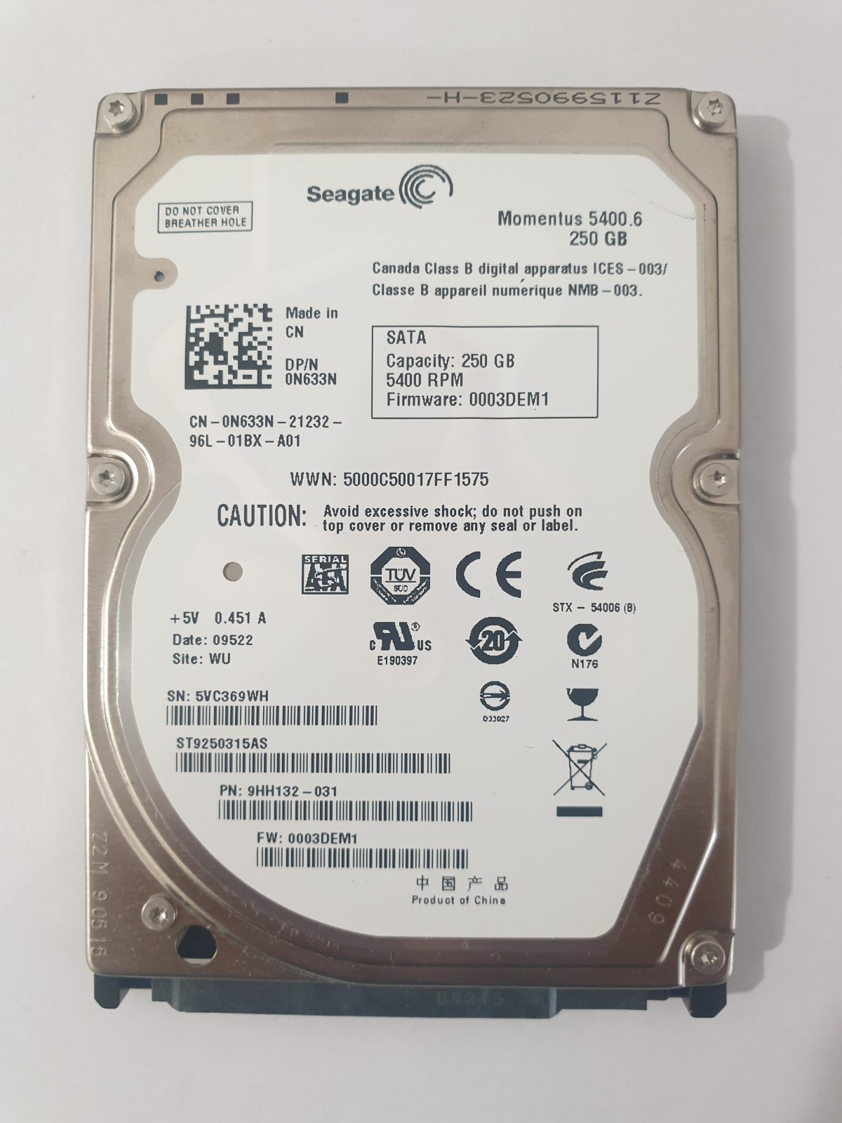 ST9250315AS, PN:9HH132-031, SN:5VC, WU, FW:0003DEM1, 09522 | Seagate 250Go 2,5" SATA HDD STK