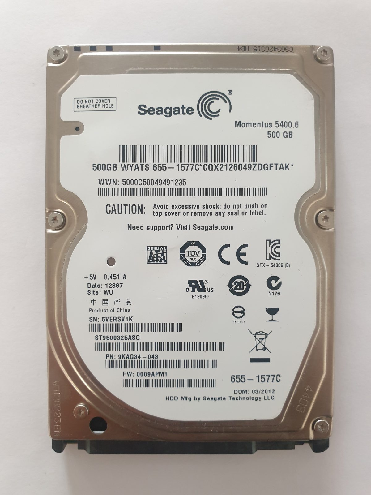 ST9500325ASG, PN:9KAG34-043, SN:5VE, WU, FW:0009APM1, 12387 | Seagate 500Go 2,5" SATA HDD STK