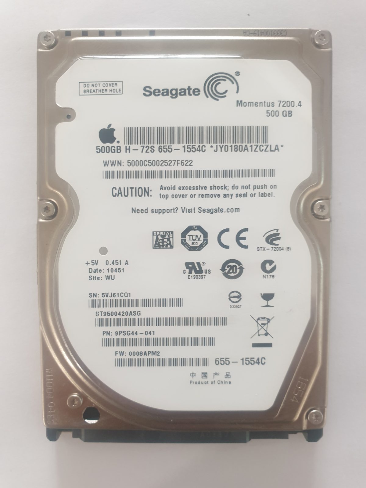 ST9500420ASG, PN:9PSG44-041, SN:5VJ, WU, FW:0008APM2, 10451 | Seagate 500Go 2,5" SATA HDD STK