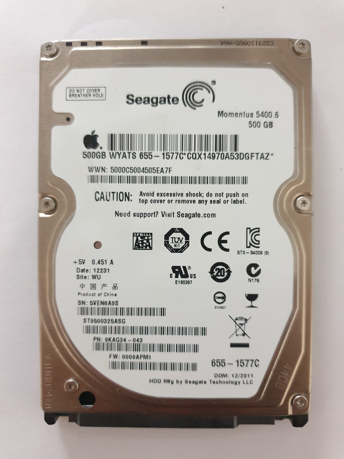 ST9500325ASG, PN:9KAG34-043, SN:5VE, WU, FW:0009APM1, 12231 | Seagate 500Go 2,5" SATA HDD STK