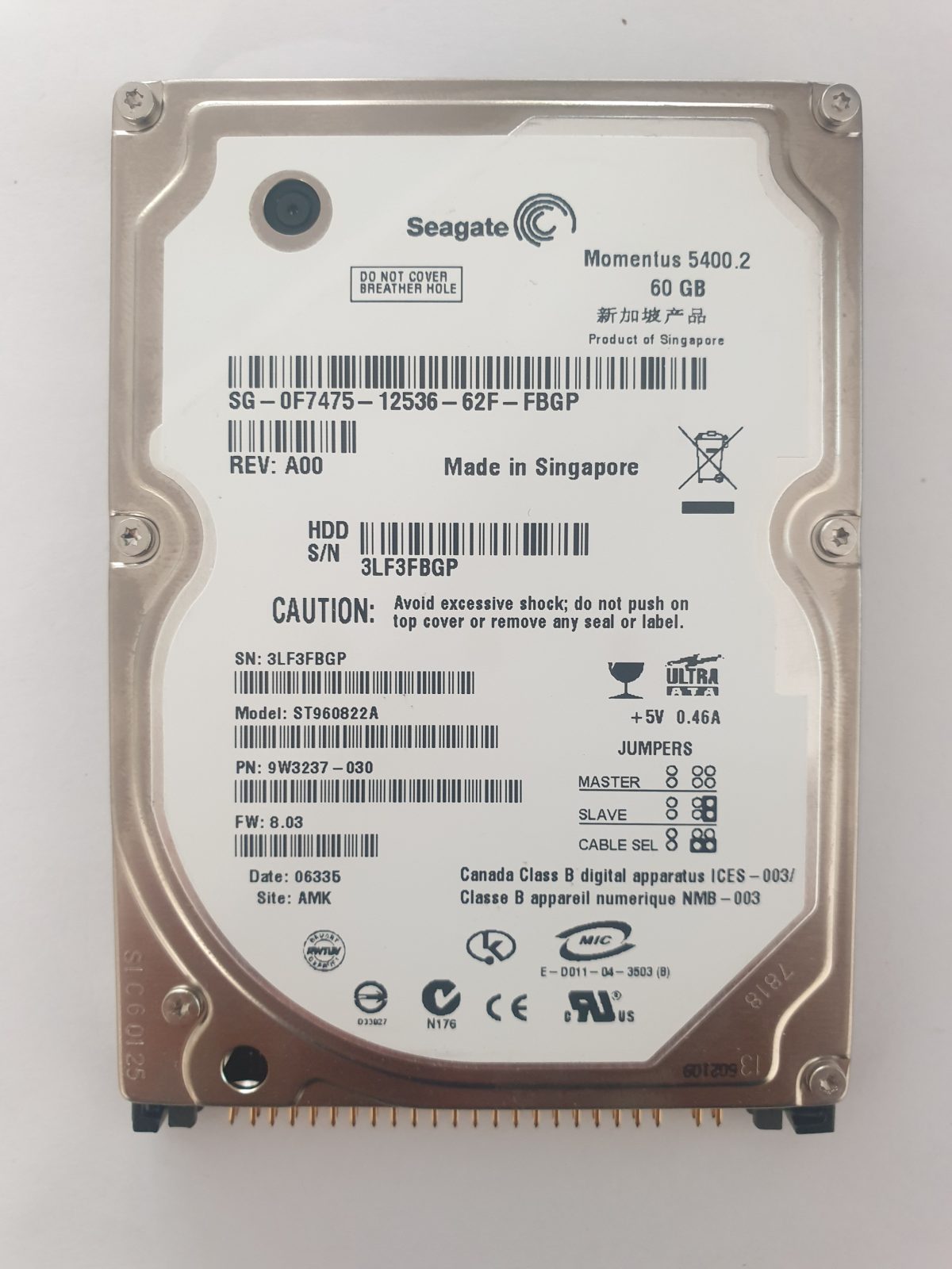 ST960822A, PN:9W3237-030, SN:3LF, AMK, FW:8.03, 06335 | Seagate 60Go 2,5" PATA HDD STK