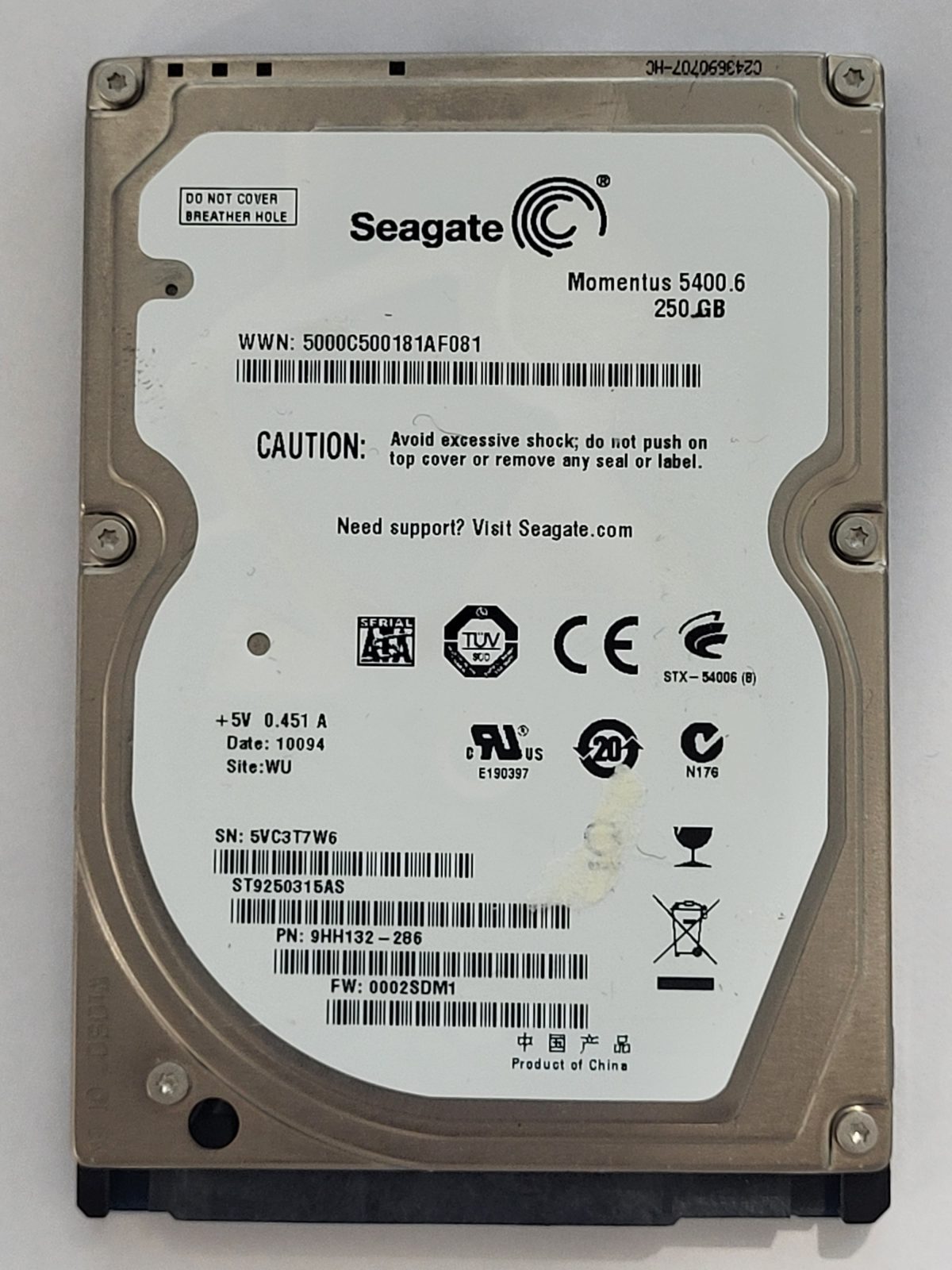 ST9250315AS, PN:9HH132-286, SN:5VC, WU, FW:0002SDM1, 10094 | Seagate 250Go 2,5" SATA HDD STK