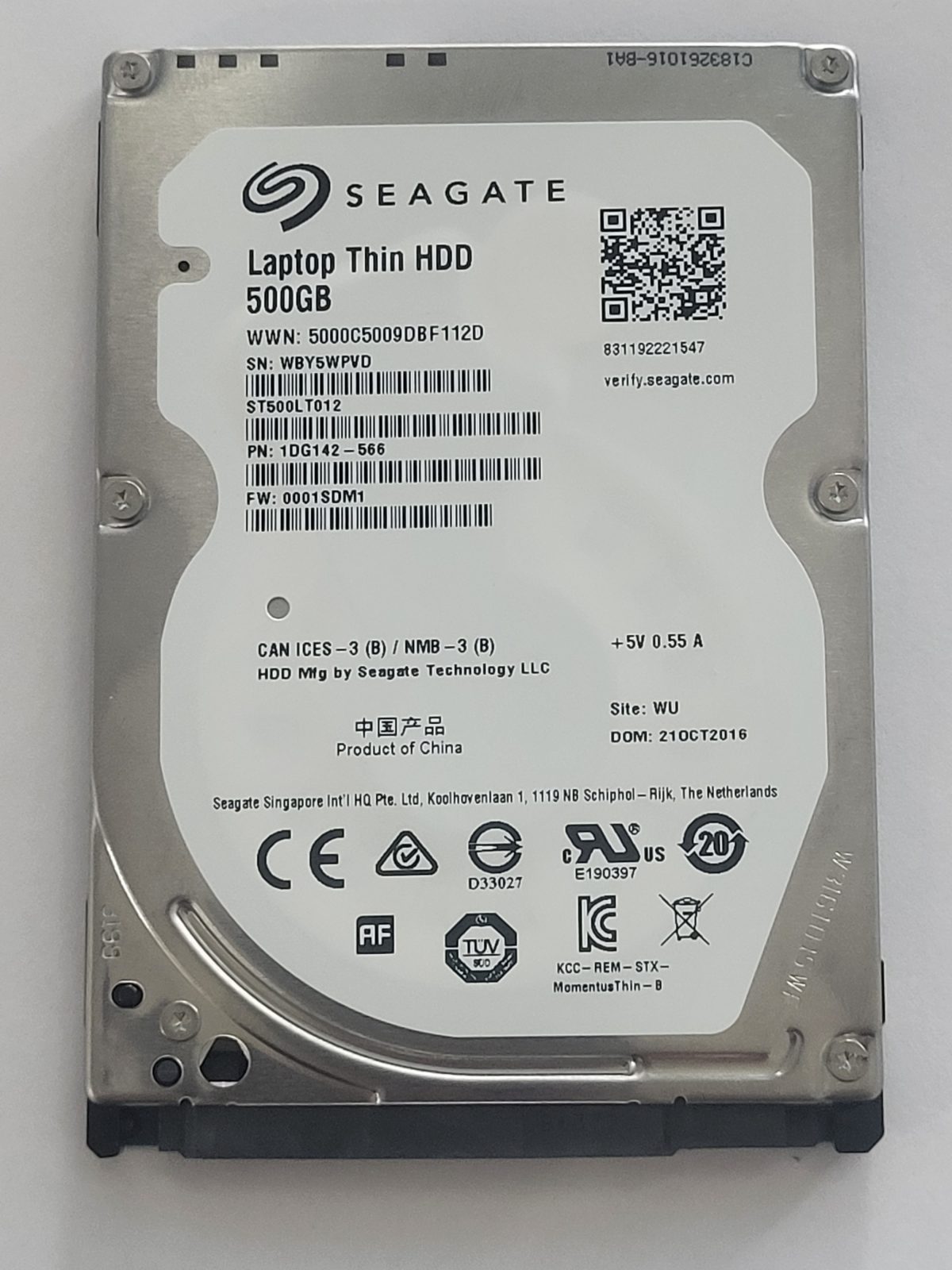 ST500LT012, PN:1DG142-566, SN:WBY, WU, FW:0001SDM1, 21 OCT 2016 | Seagate 500Go 2,5" SATA HDD STK