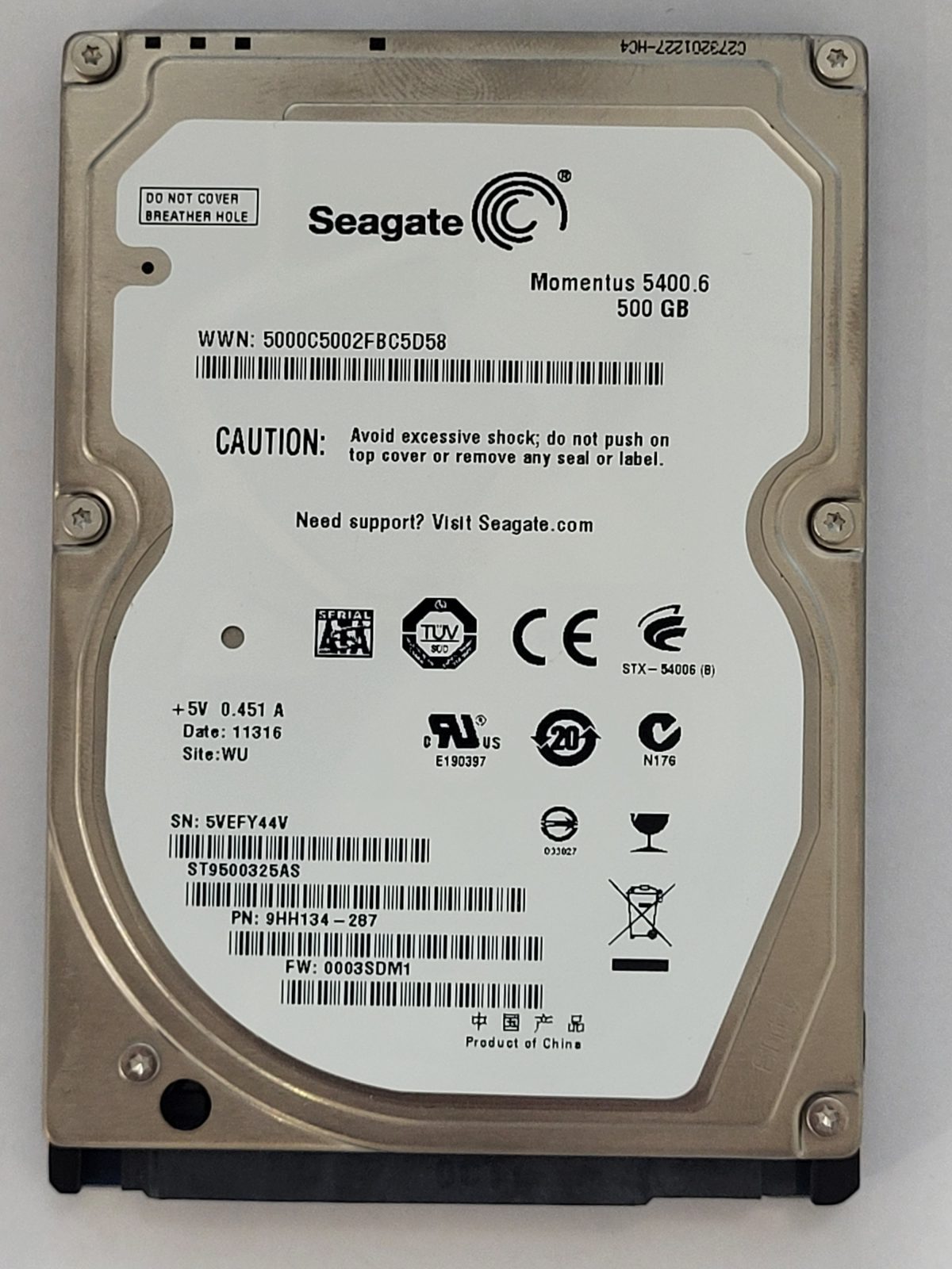 ST9500325AS, PN:9HH134-287, SN:5VE, WU, FW:0003SDM1, 11316 | Seagate 500Go 2,5" SATA HDD STK