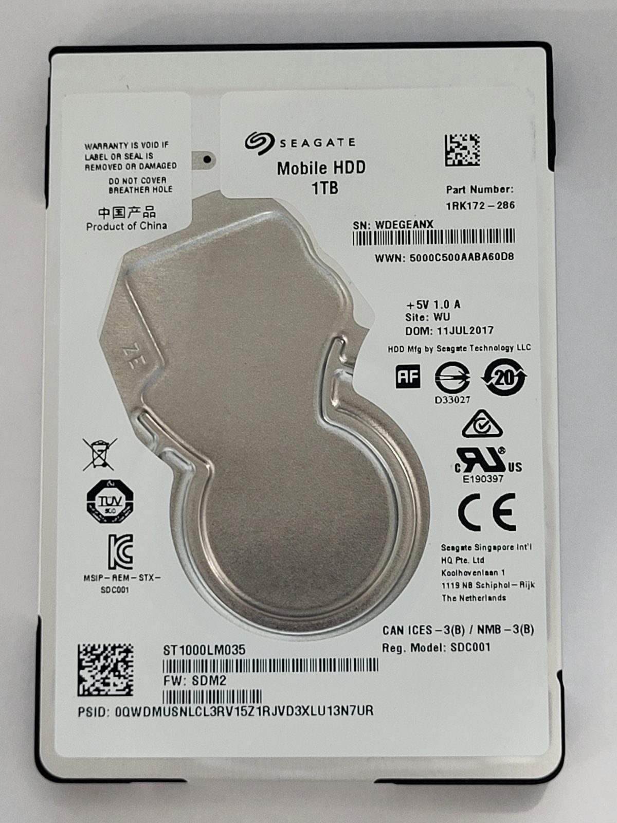 ST1000LM035, PN:1RK172-286, SN:WDE, WU, FW:SDM2, 11 JUL 2017 | Seagate 1To 2,5" SATA HDD STK
