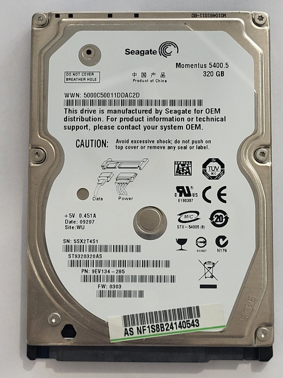 ST9320320AS, PN:9EV134-285, SN:5SX, WU, FW:0303, 09207 | Seagate 320Go 2,5" SATA HDD STK