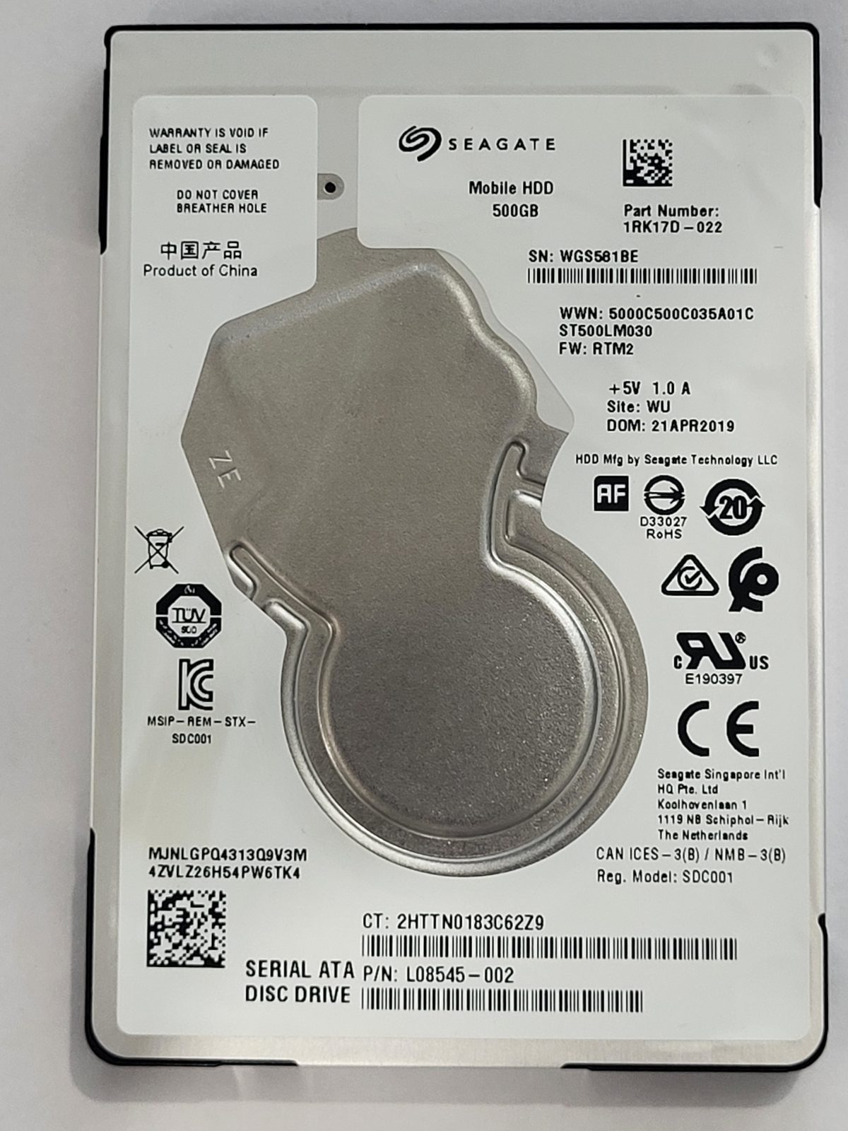 ST500LM030, PN:1RK17D-022, SN:WGS, WU, FW:RTM2, 21 APR 2019 | Seagate 500Go 2,5" SATA HDD STK