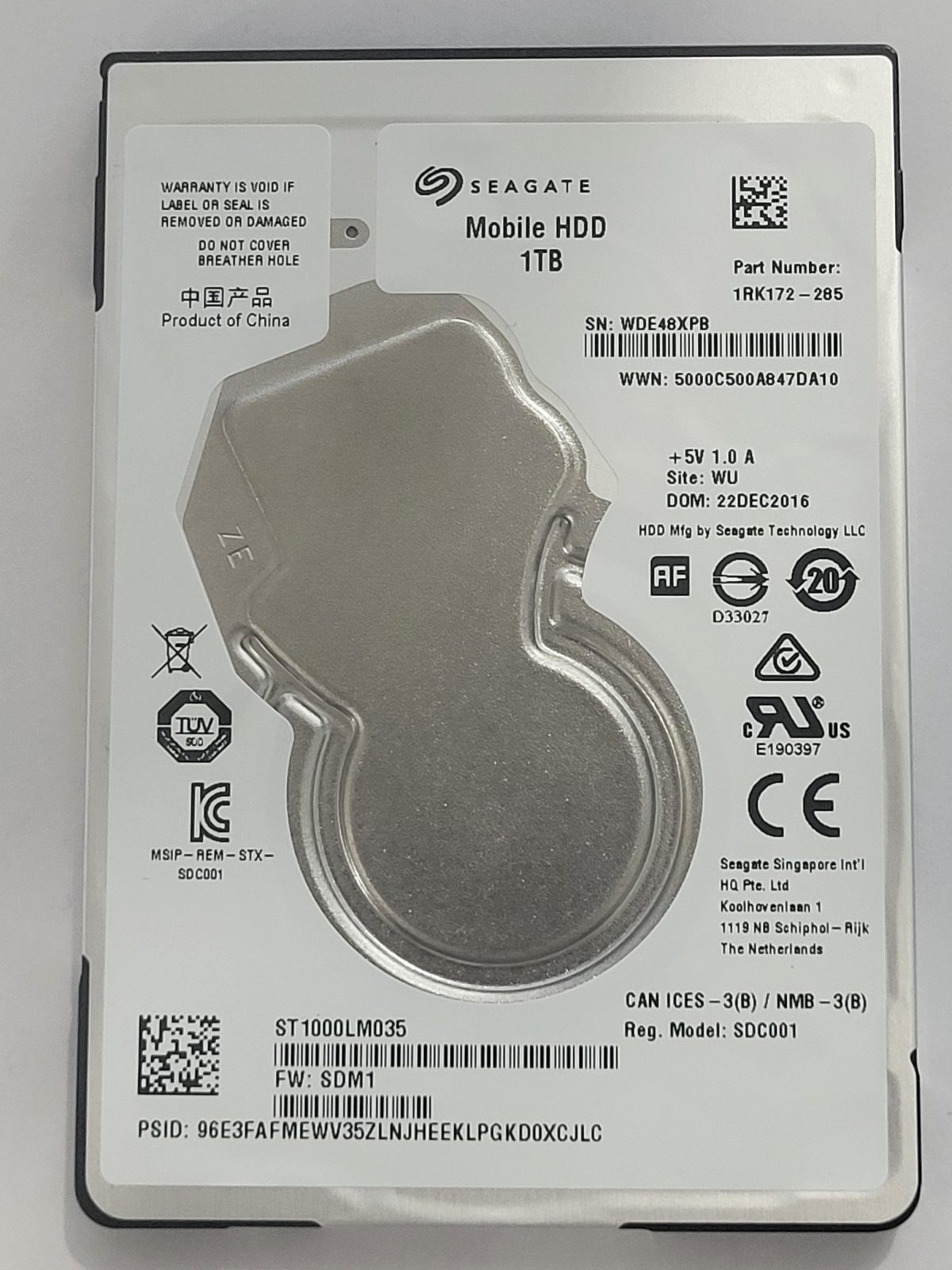 ST1000LM035, PN:1RK172-285, SN:WDE, WU, FW:SDM1, 22 DEC 2016 | Seagate 1To 2,5" SATA HDD STK
