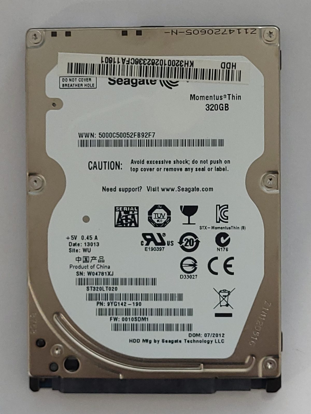 ST320LT020, PN:9YG142-190, SN:W04, WU, FW:0010SDM1, 13013 | Seagate 320Go 2,5" SATA HDD STK