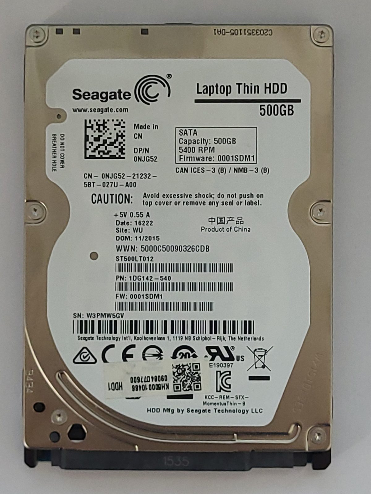 ST500LT012, PN:1DG142-540, SN:W3P, WU, FW:0001SDM1, 16222 | Seagate 500Go 2,5" SATA HDD STK