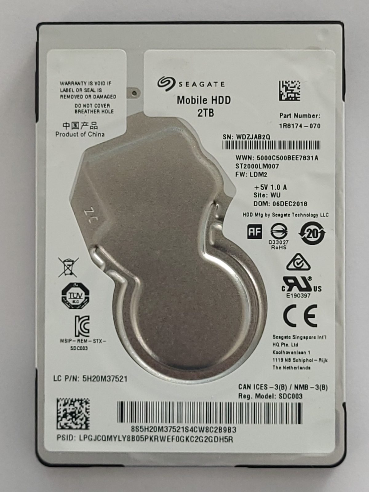 ST2000LM007, PN:1R8174-070, SN:WDZ, WU, FW:LDM2, 06 DEC 2018 | Seagate 2To 2,5" SATA HDD STK