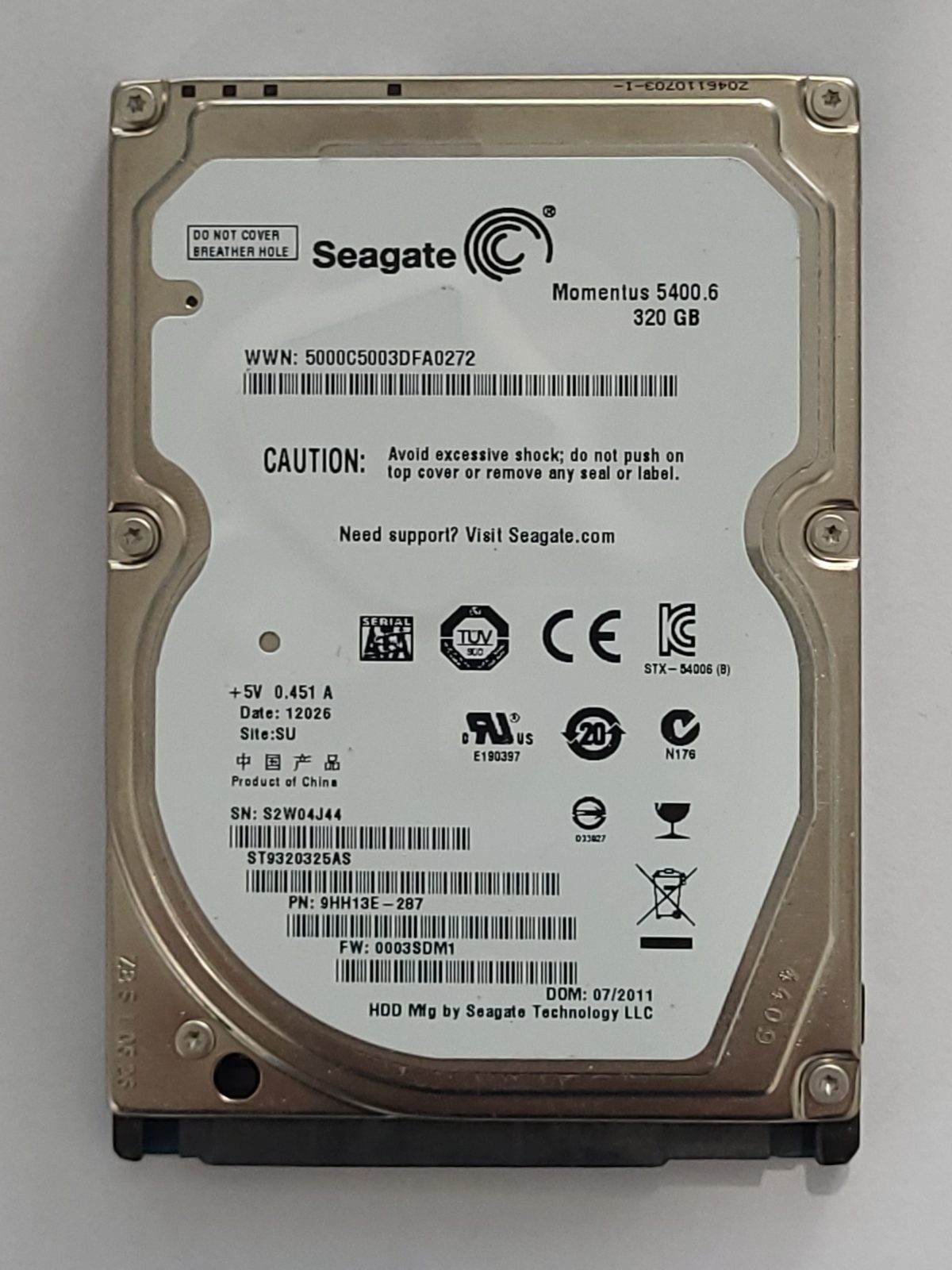 ST9320325AS, PN:9HH13E-287, SN:S2W, SU, FW:0003SDM1, 12026 | Seagate 320Go 2,5" SATA HDD STK