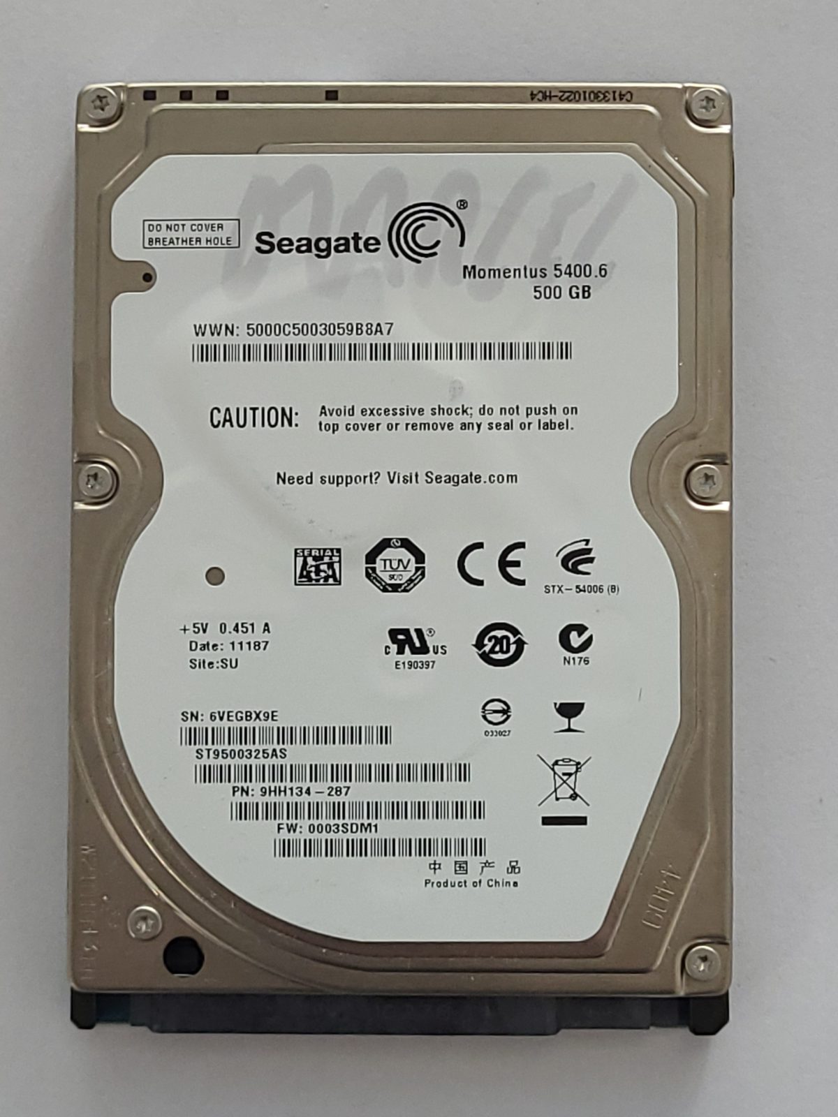 ST9500325AS, PN:9HH134-287, SN:6VE, SU, FW:0003SDM1, 11187 | Seagate 500Go 2,5" SATA HDD STK