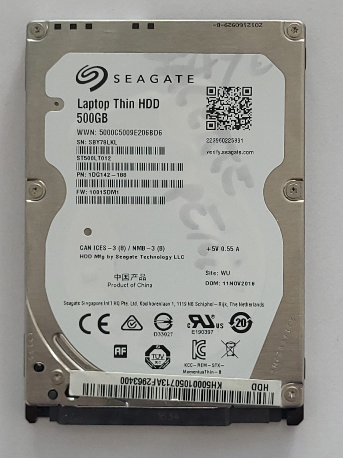 ST500LT012, PN:1DG142-189, SN:SBY, WU, FW:1001SDM1, 11 NOV 2016 | Seagate 500Go 2,5" SATA HDD STK