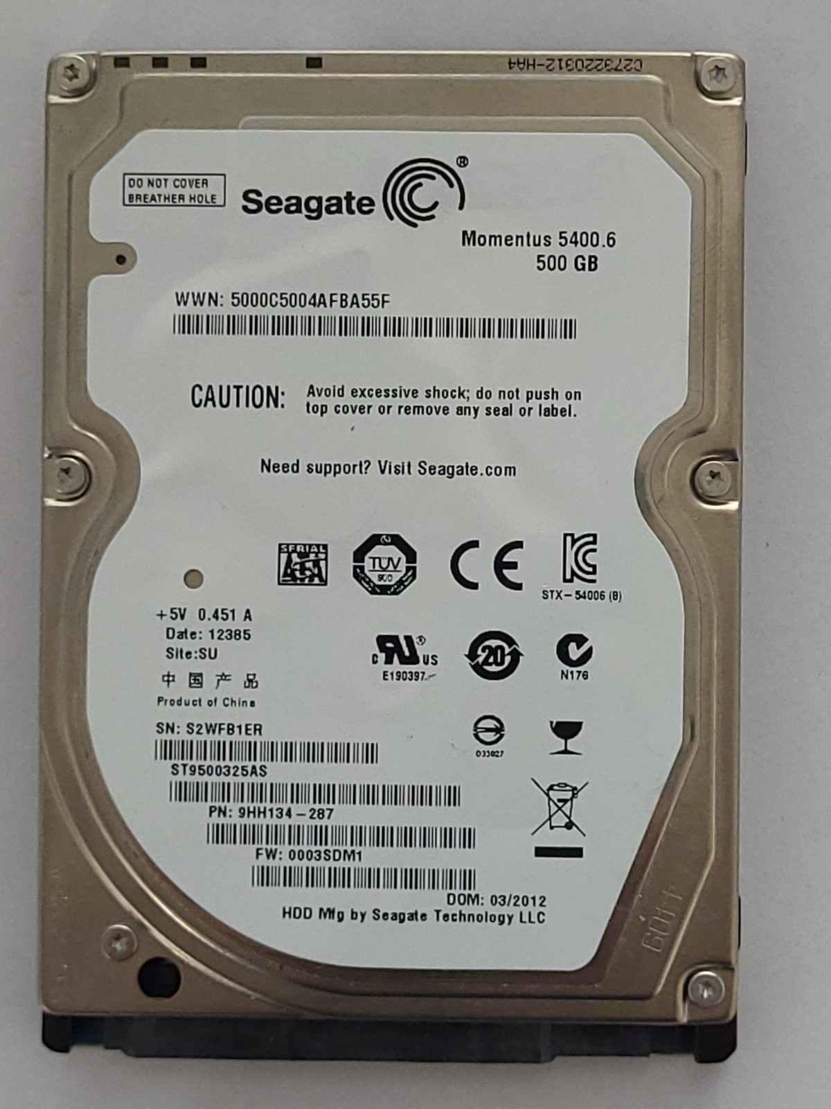 ST9500325AS, PN:9HH134-287, SN:S2W, SU, FW:0003SDM1, 12385 | Seagate 500Go 2,5" SATA HDD STK