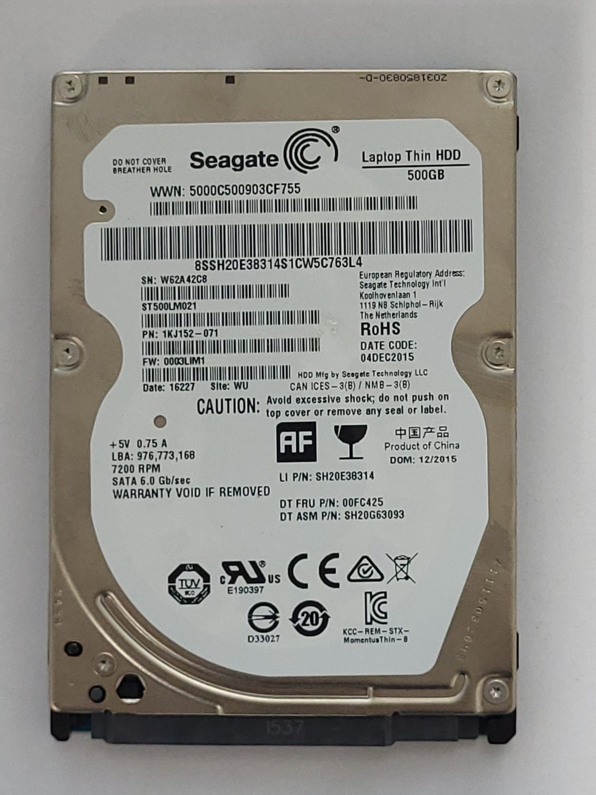 ST500LM021, PN:1KJ152-071, SN:W62, WU, FW:0003LIM1, 16227 | Seagate 500Go 2,5" SATA HDD STK