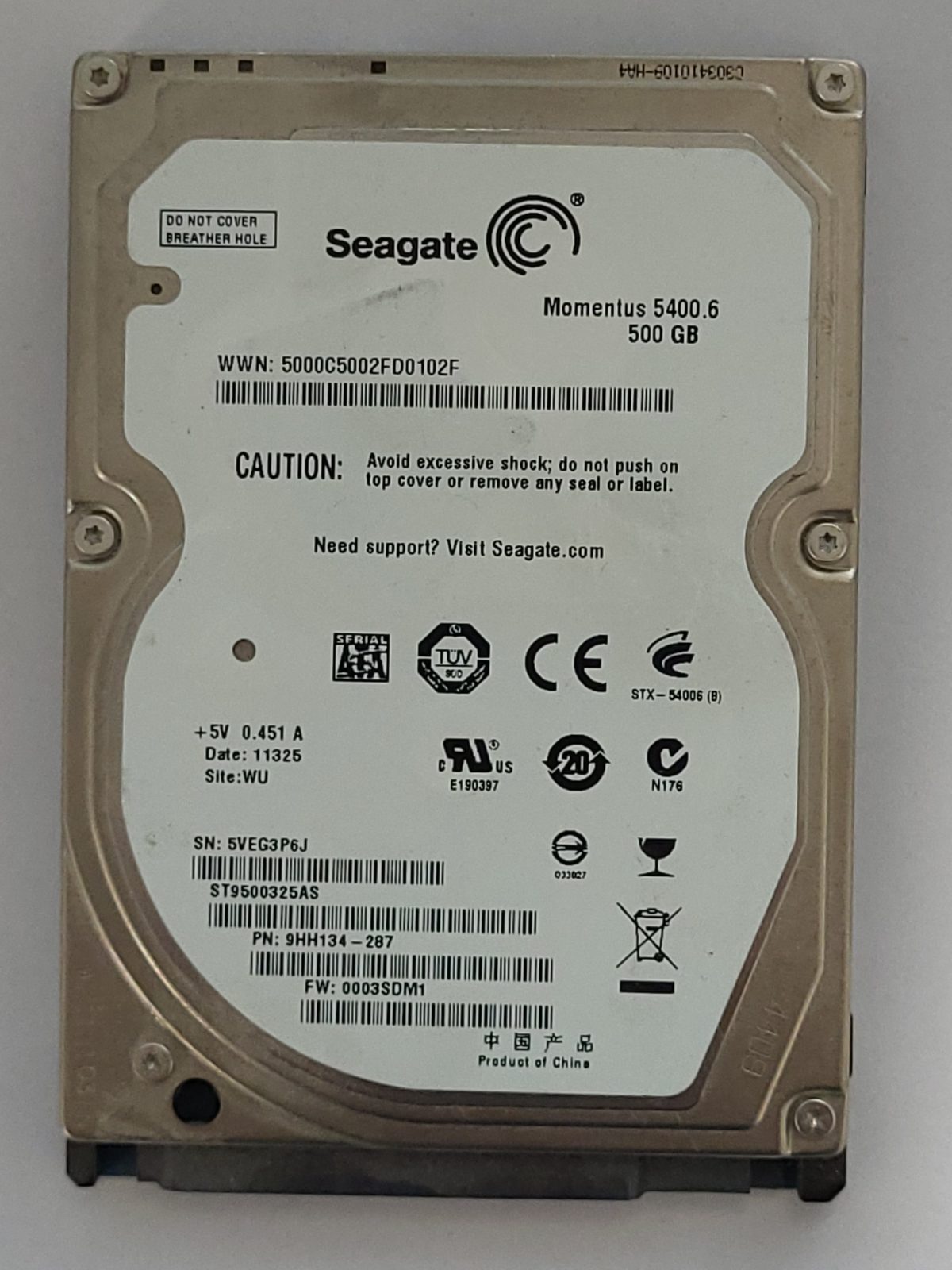 ST9500325AS, PN:9HH134-287, SN:5VE, WU, FW:0003SDM1, 11325 | Seagate 500Go 2,5" SATA HDD STK