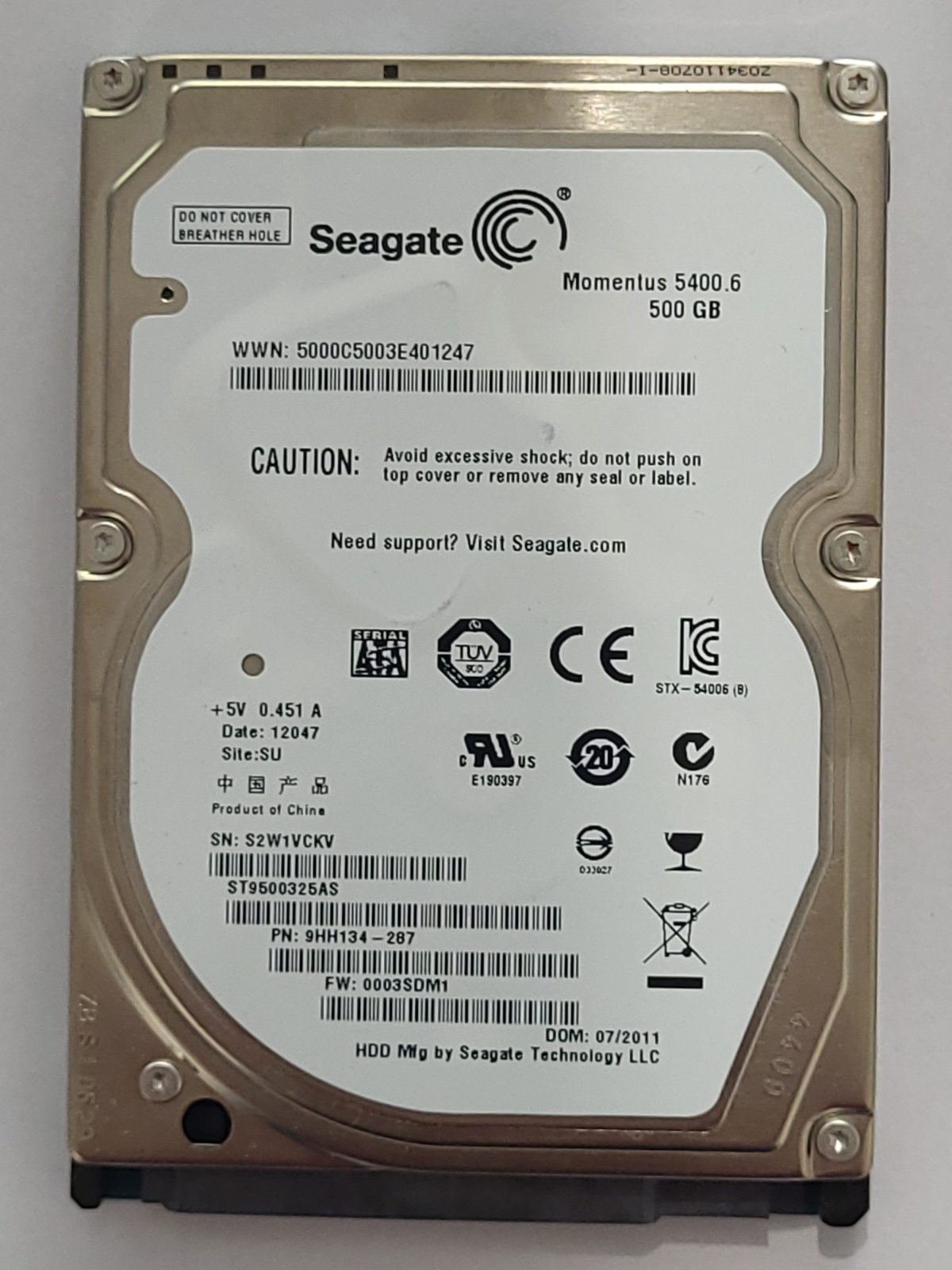 ST9500325AS, PN:9HH134-287, SN:S2W, SU, FW:0003SDM1, 12047 | Seagate 500Go 2,5" SATA HDD STK