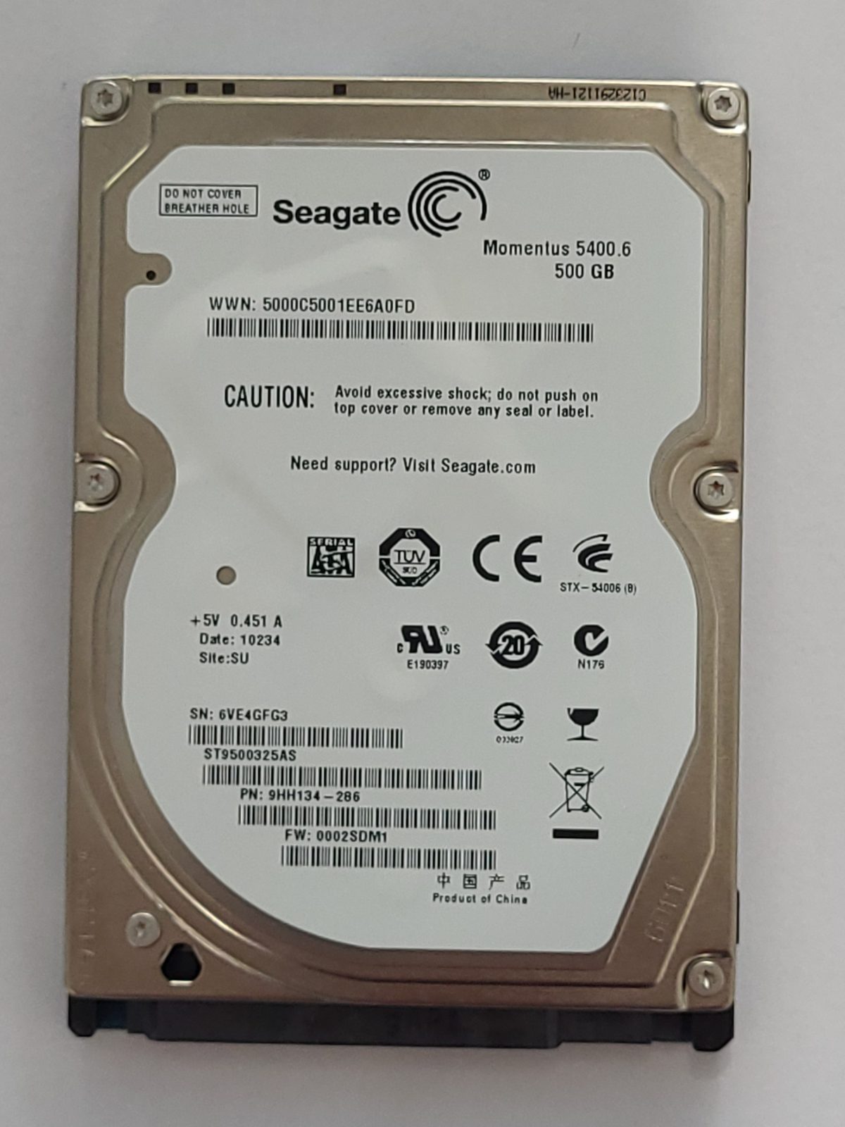 ST9500325AS, PN:9HH134-286, SN:6VE, SU, FW:0002SDM1, 10234 | Seagate 500Go 2,5" SATA HDD STK
