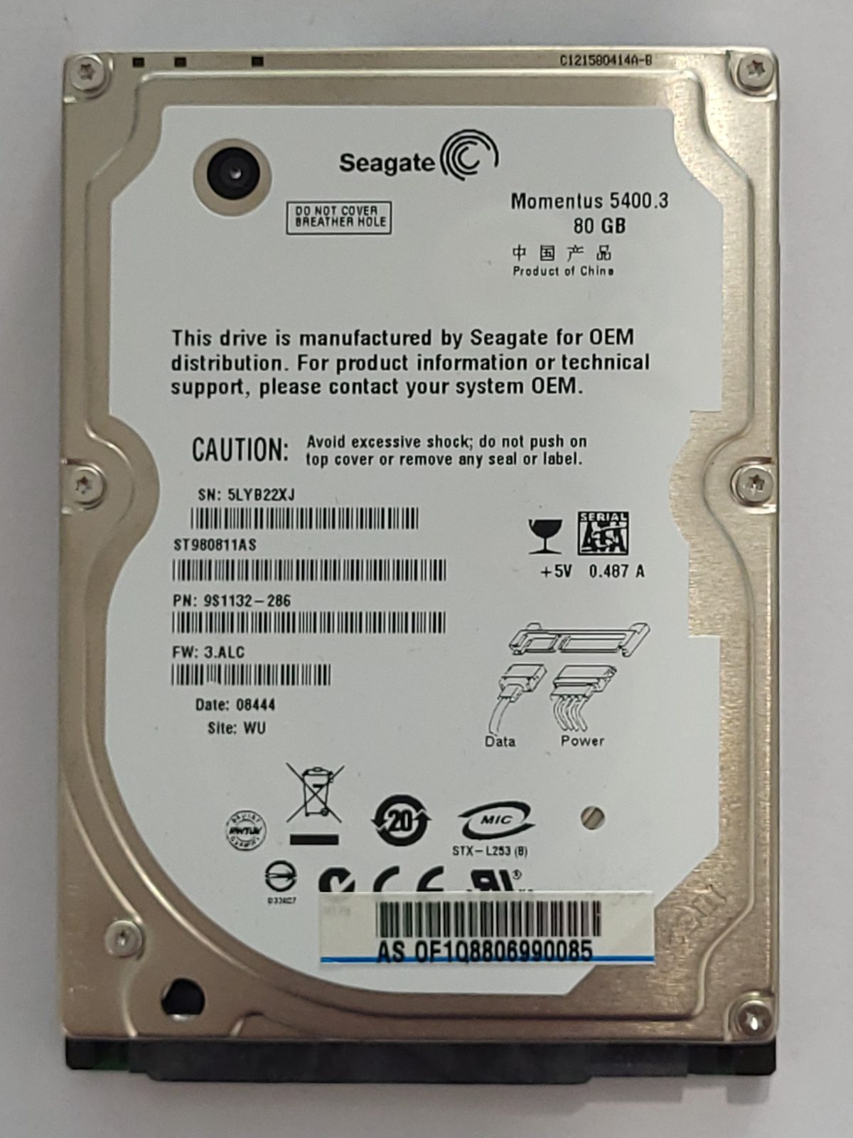 ST980811AS, PN:9S1132-286, SN:5LY, WU, FW:3.ALC, 08444 | Seagate 80Go 2,5" SATA HDD STK
