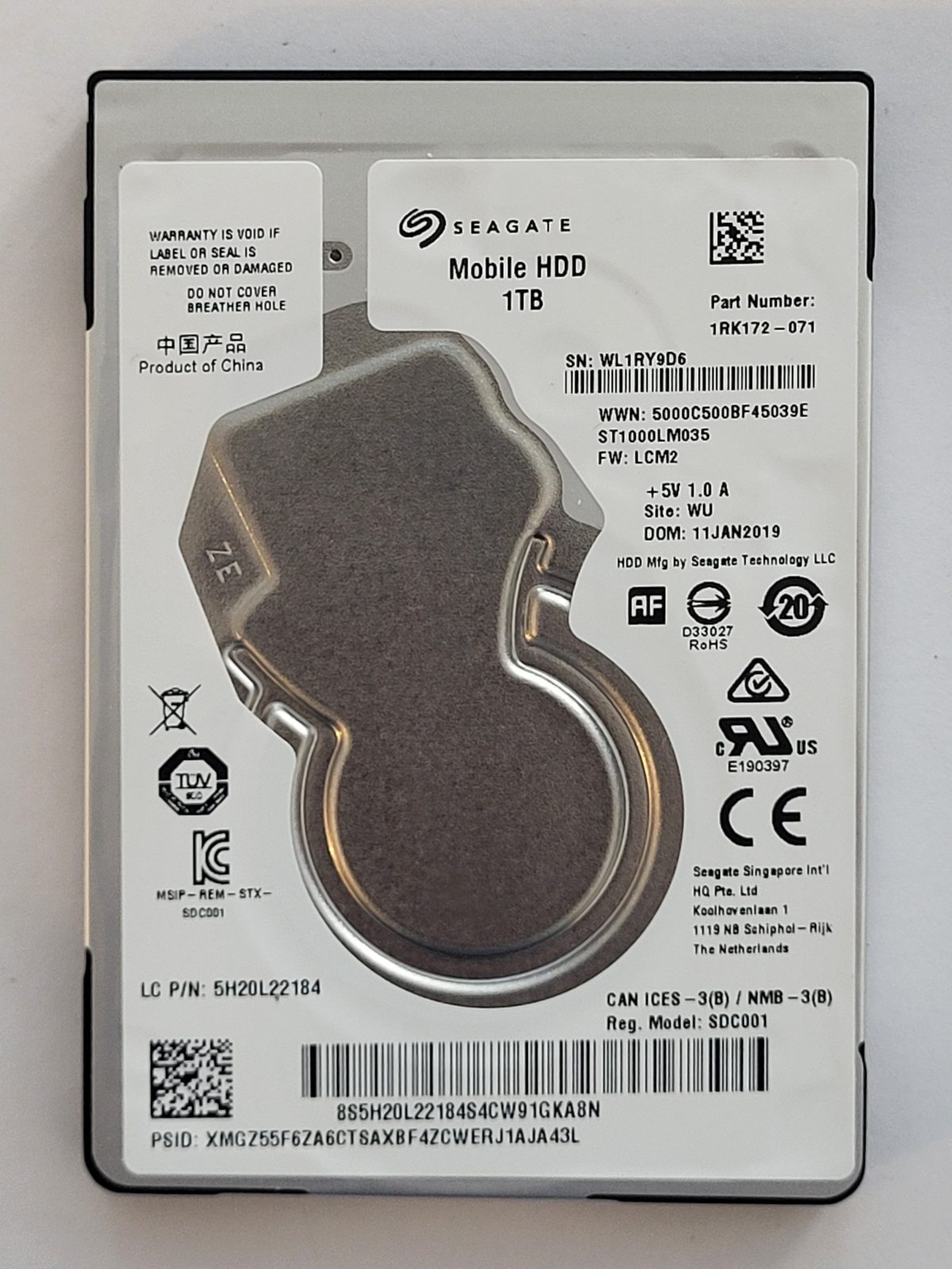 ST1000LM035, PN:1RK172-071, SN:WL1, WU, FW:LCM2, 11 JAN 2019 | Seagate 1To 2,5" SATA HDD STK