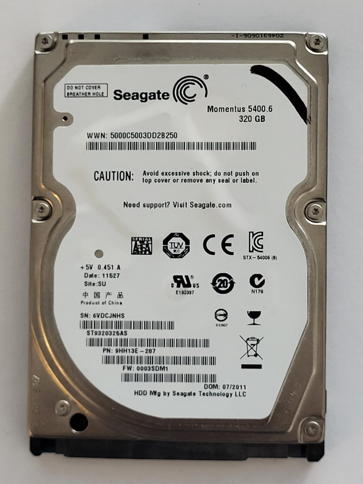 ST9320325AS, PN:9HH13E-287, SN:6VD, SU, FW:3SDM1, 11527 | Seagate 320Go 2,5" SATA HDD STK