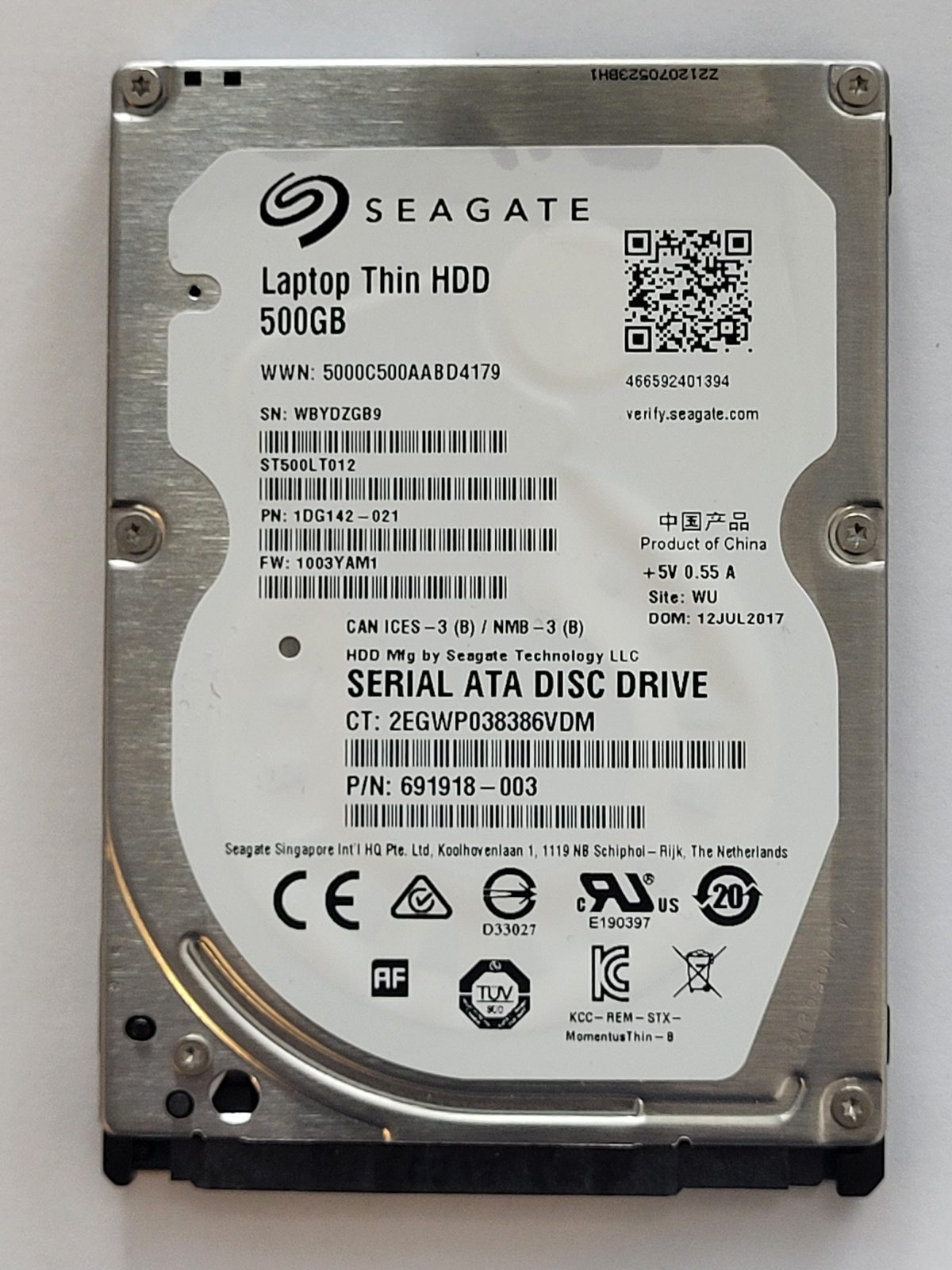 ST500LT012, PN:1DG142-021, SN:WBY, WU, FW:1003YAM1, 12 JUL 2017 | Seagate 500Go 2,5" SATA HDD STK
