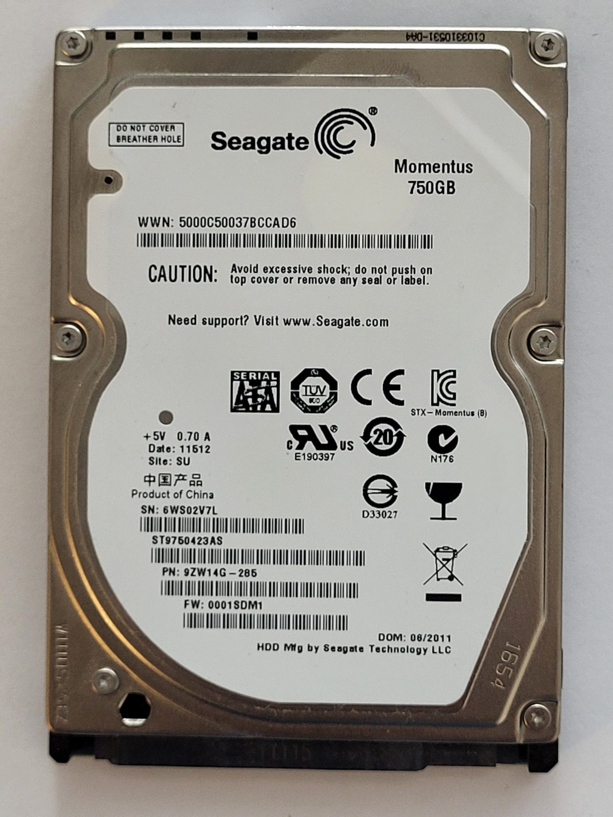 ST9750423AS, PN:9ZW14G-285, SN:6WS, SU, FW:1SDM1, 11512 | Seagate 750Go 2,5" SATA HDD STK