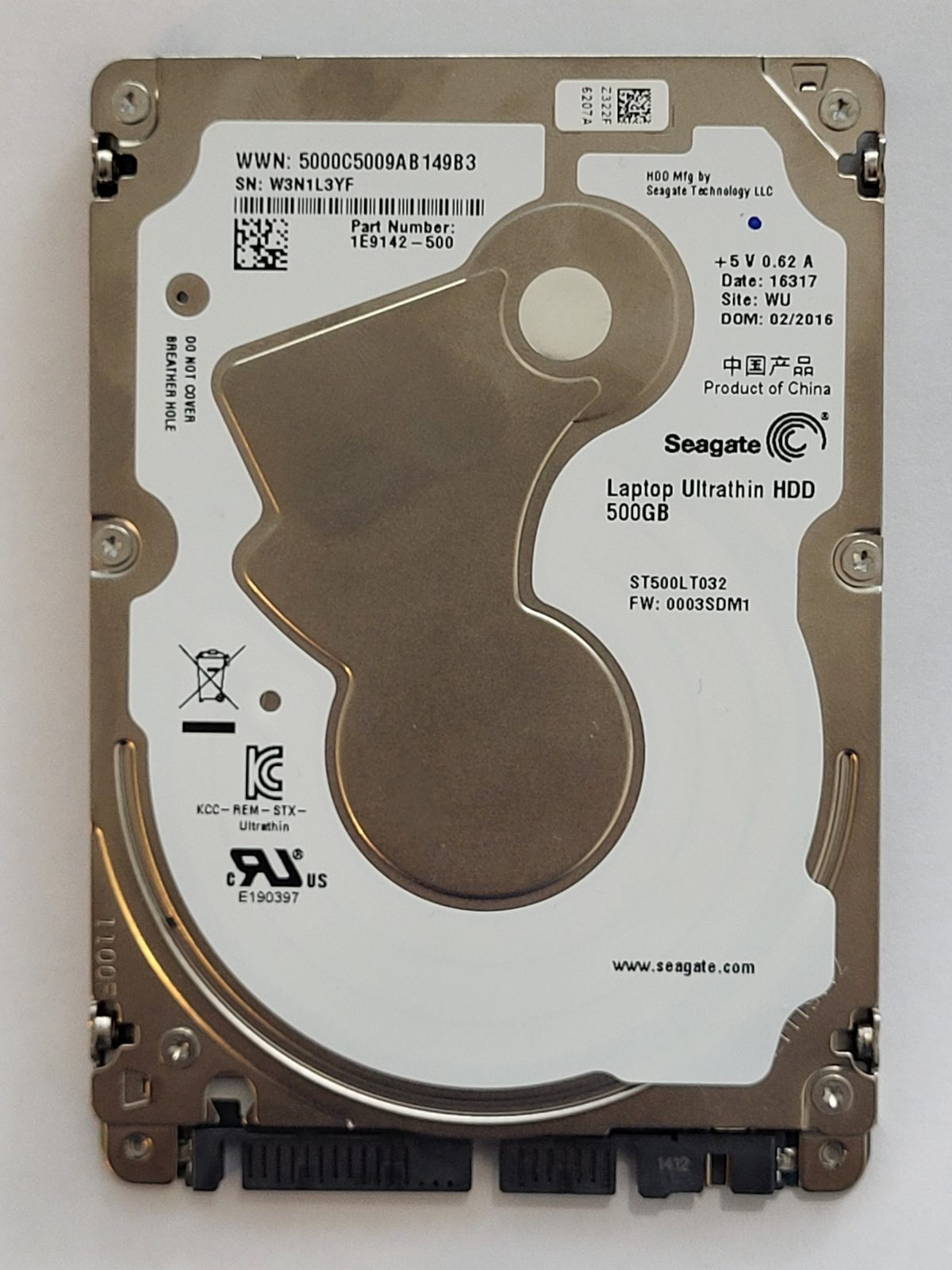 ST500LT032, PN:1E9142-500, SN:W3N, WU, FW:3SDM1, 16317 | Seagate 500Go 2,5" SATA HDD STK