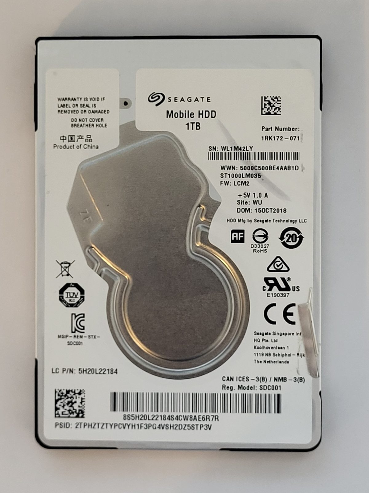 ST1000LM035, PN:1RK172-071, SN:WL1, WU, FW:LCM2, 15 OCT 2018 | Seagate 1To 2,5" SATA HDD STK