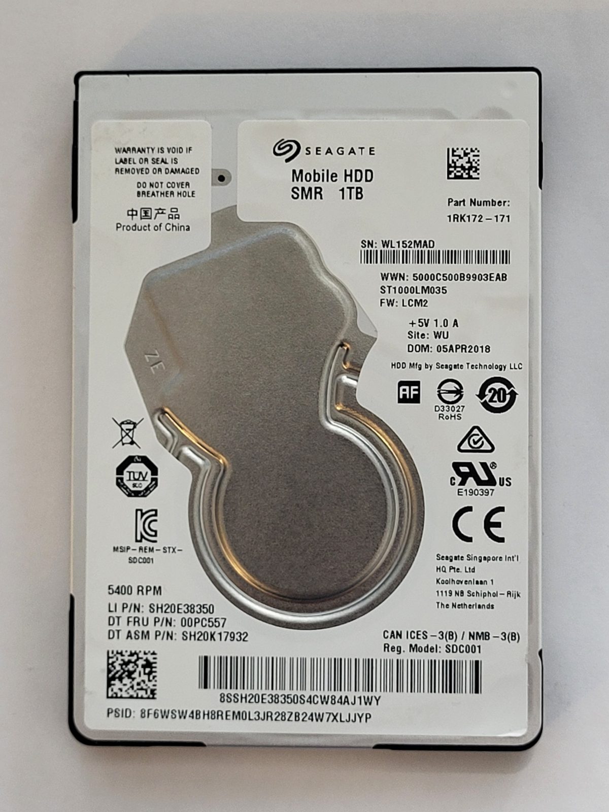 ST1000LM035, PN:1RK172-171, SN:WL1, WU, FW:LCM2, 05 APR 2018 | Seagate 1To 2,5" SATA HDD STK