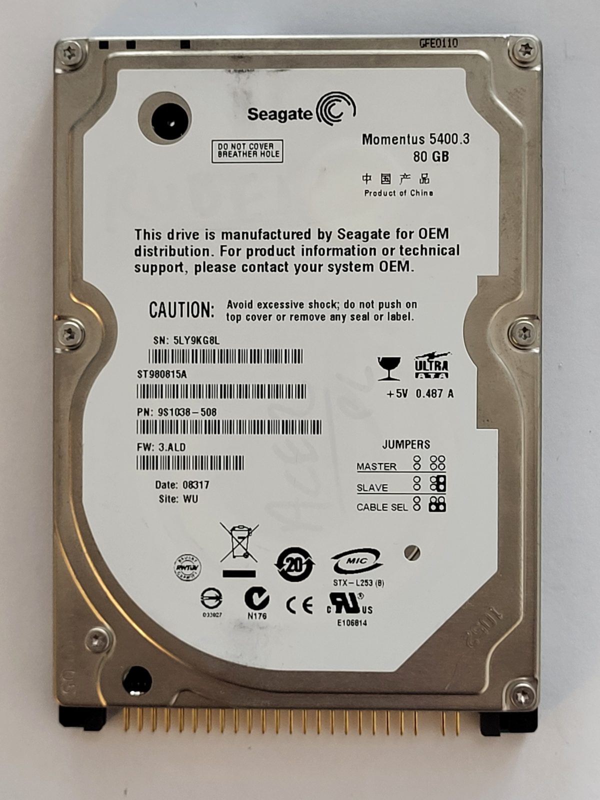 ST980815A, PN:9S1038-508, SN:5LY, WU, FW:3.ALD, 08317 | Seagate 80Go 2,5" PATA HDD STK