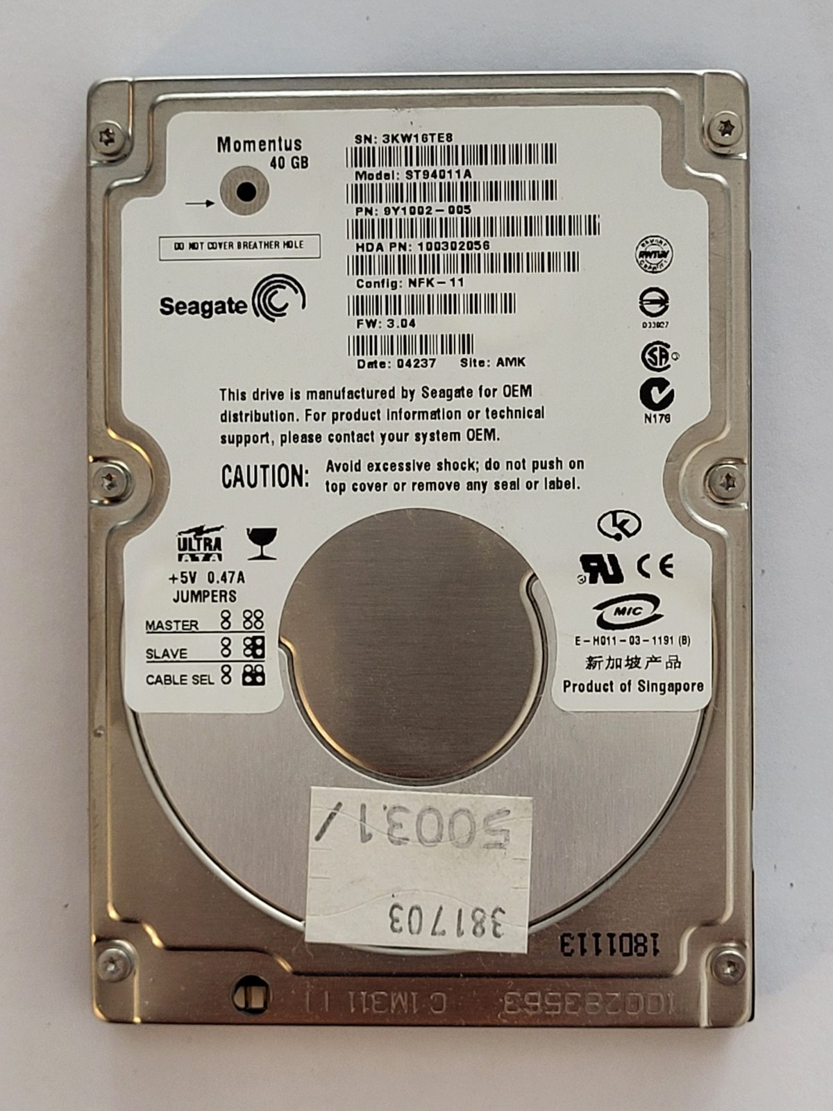 ST94011A, PN:9Y1002-005, SN:3KW, AMK, FW:3.04, 04237 | Seagate 40Go 2,5" PATA HDD STK