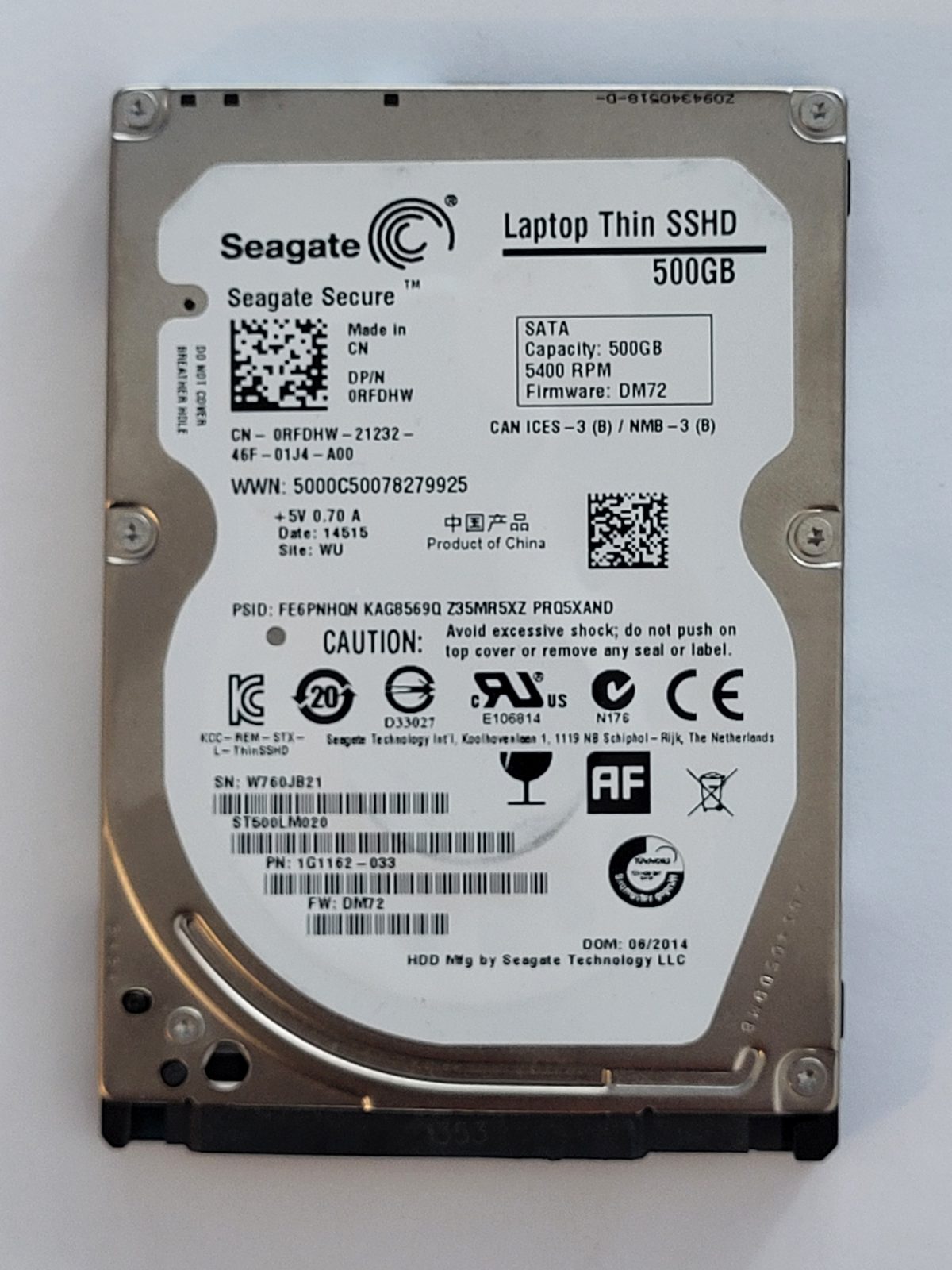 ST500LM020, PN:1G1162-033, SN:W76, WU, FW:DM72, 14515 | Seagate 500Go 2,5" SATA HDD STK