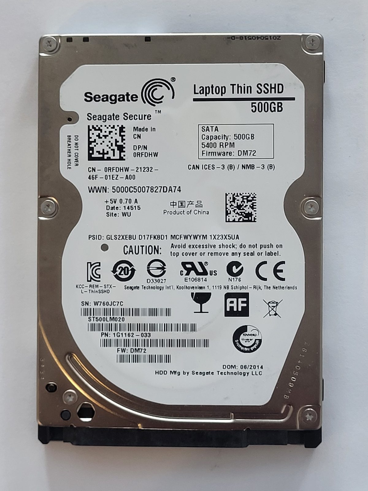 ST500LM020, PN:1G1162-033, SN:W76, WU, FW:DM72, 14515 | Seagate 500Go 2,5" SATA HDD STK