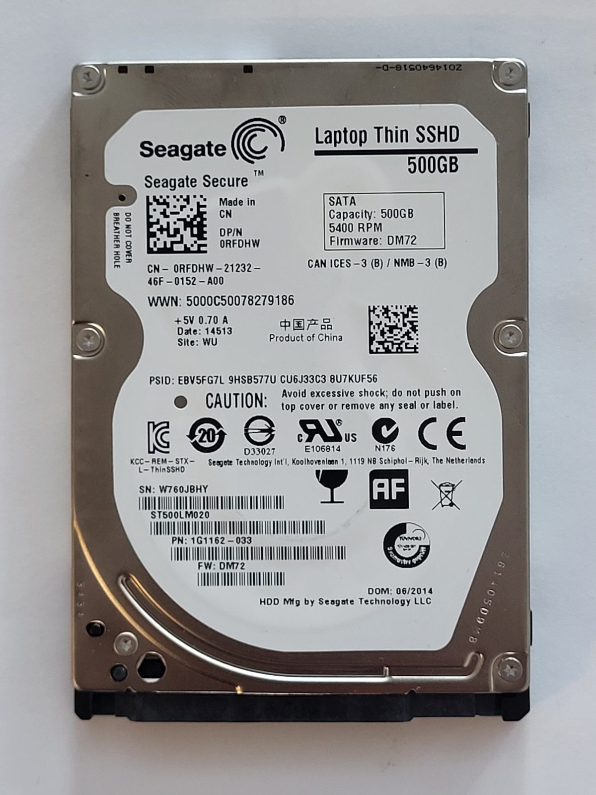 ST500LM020, PN:1G1162-033, SN:W76, WU, FW:DM72, 14513 | Seagate 500Go 2,5" SATA HDD STK