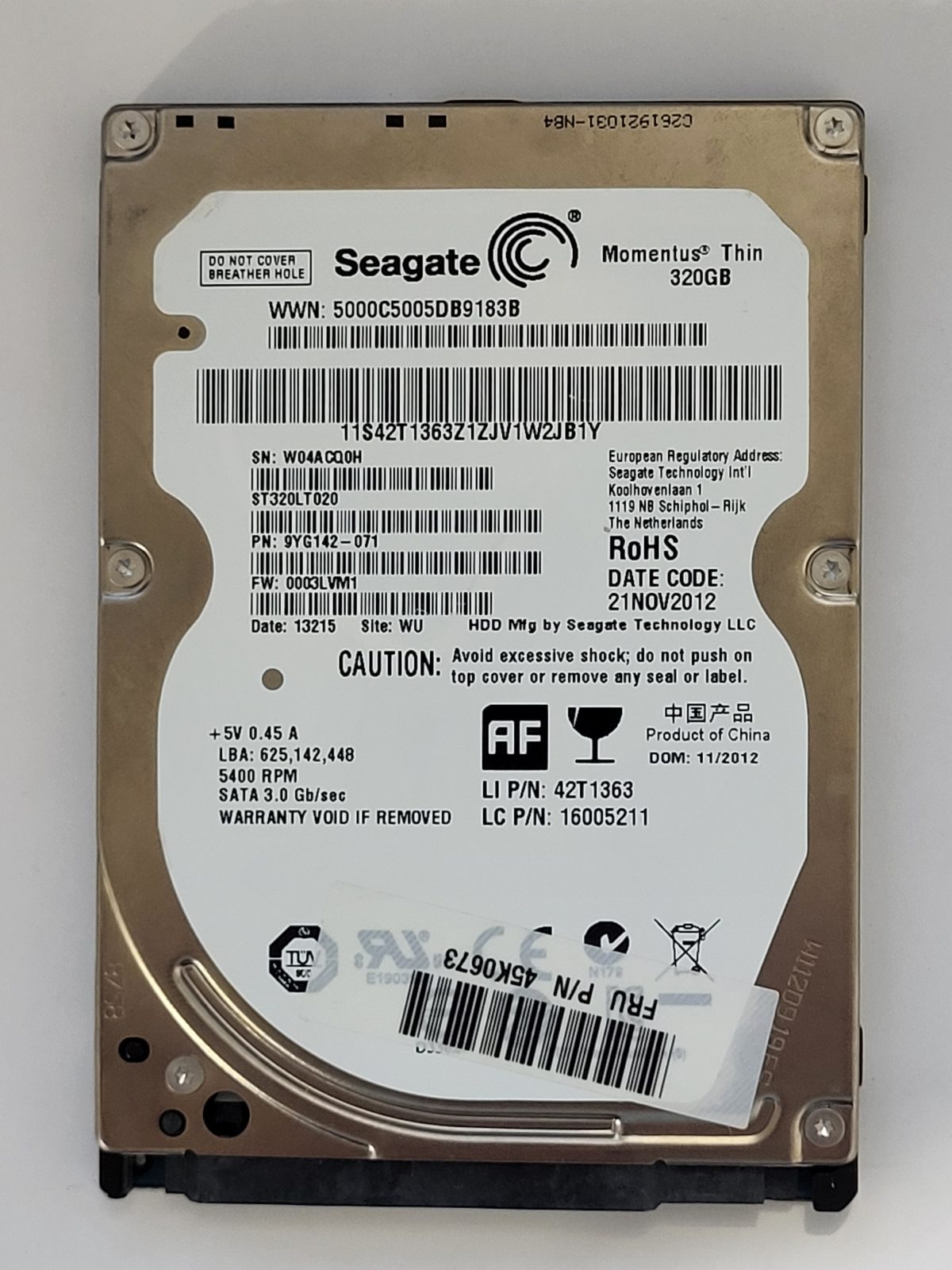 ST320LT020, PN:9YG142-071, SN:W04, WU, FW:0003LVM1, 13215 | Seagate 320Go 2,5" SATA HDD STK
