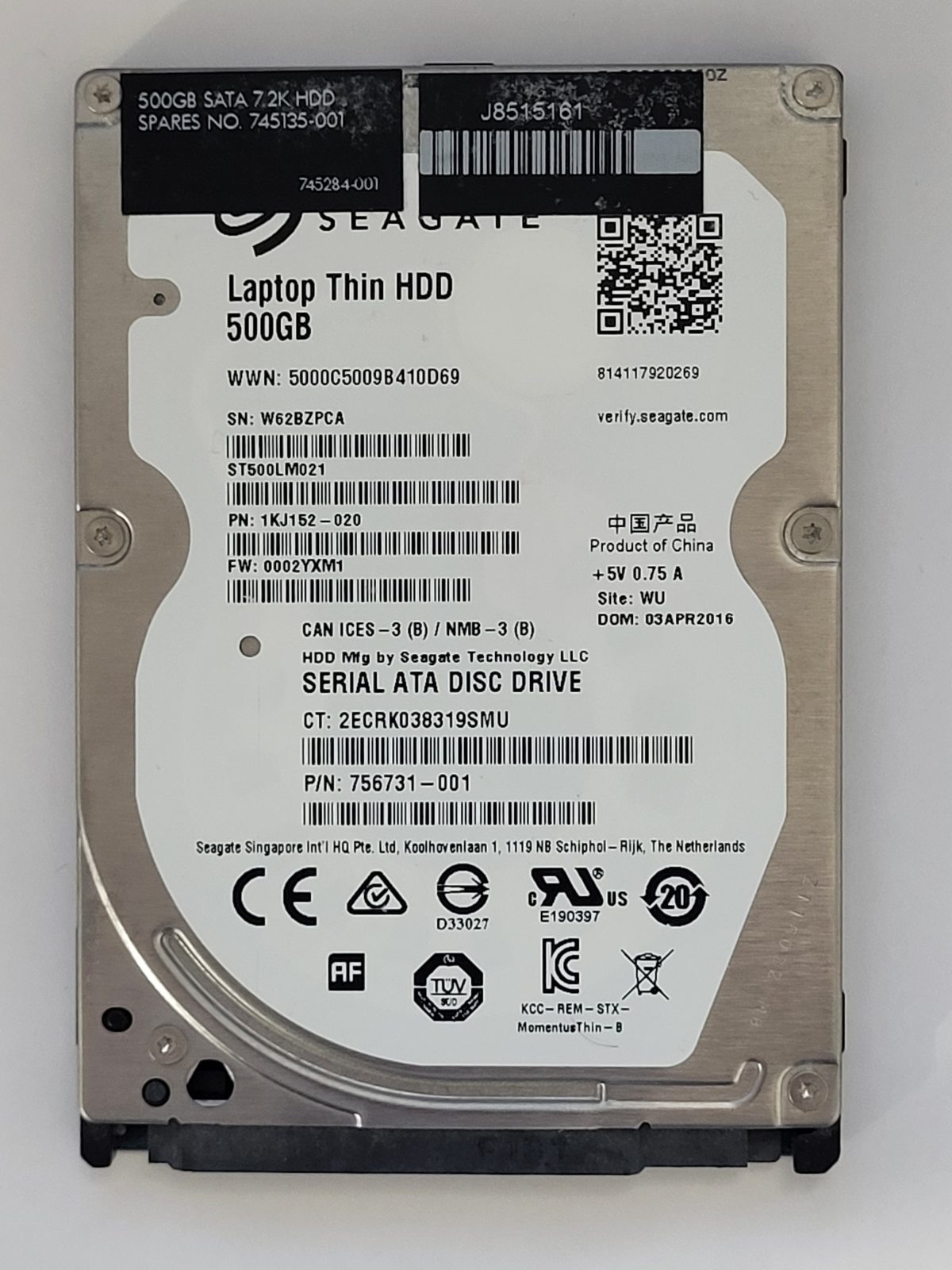 ST500LM021, PN:1KJ152-020, SN:W62, WU, FW:0002YXM1, 03 APR 2016 | Seagate 500Go 2,5" SATA HDD STK