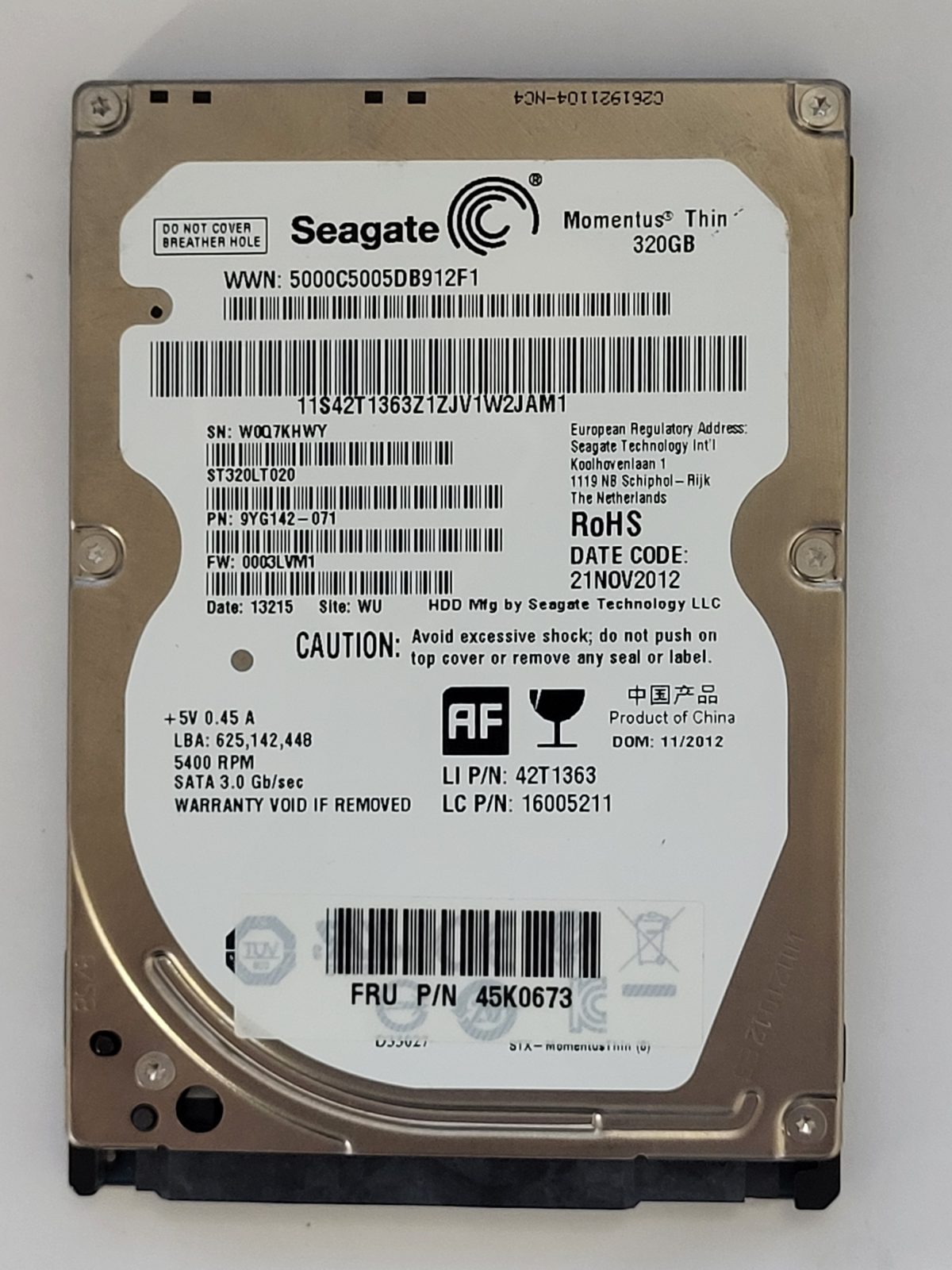 ST320LT020, PN:9YG142-071, SN:W0Q, WU, FW:0003LVM1, 13215 | Seagate 320Go 2,5" SATA HDD STK